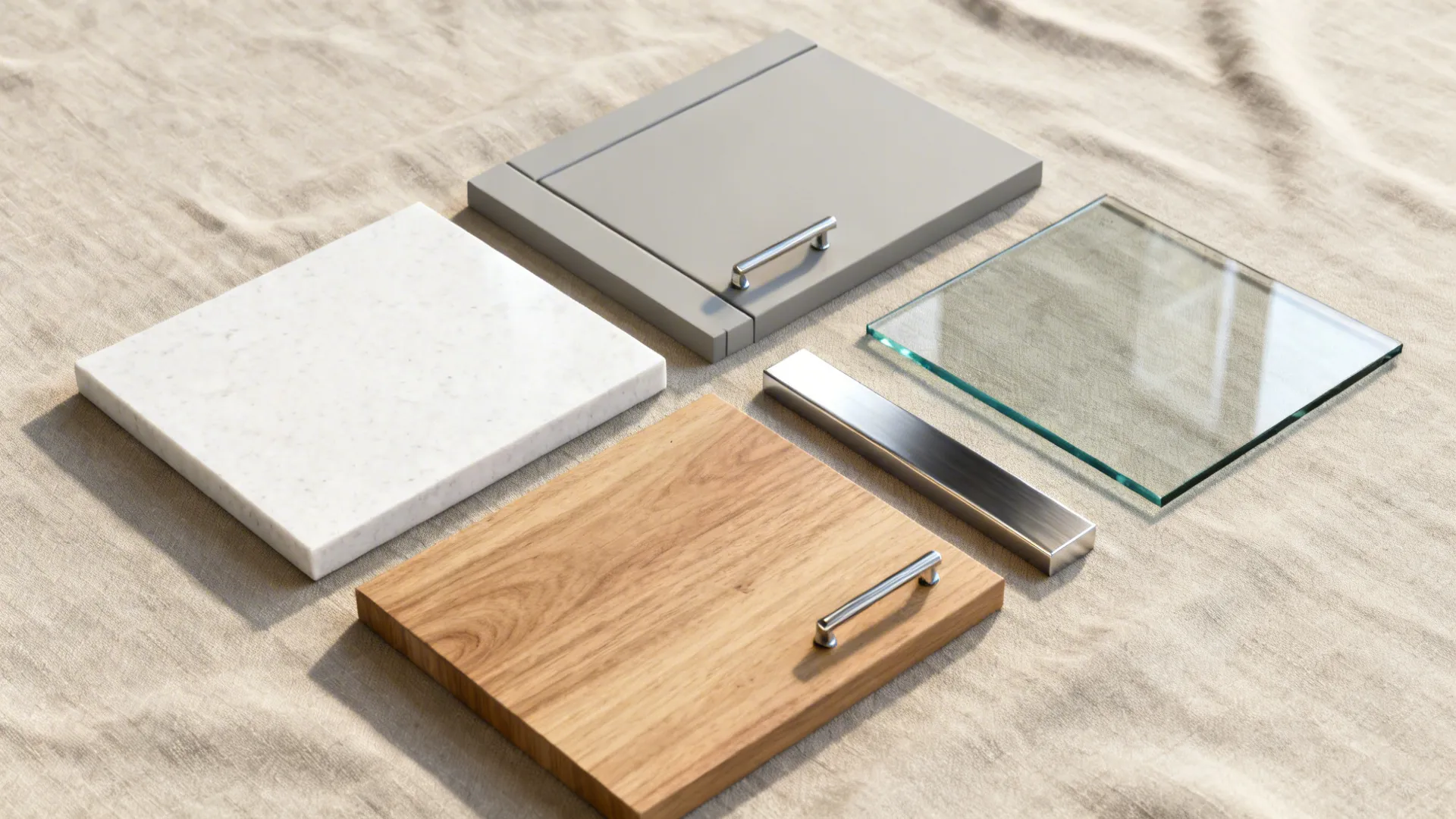 Flatlay with quartz, matte gray cabinet finish, oak veneer, stainless accents, and glass sample.