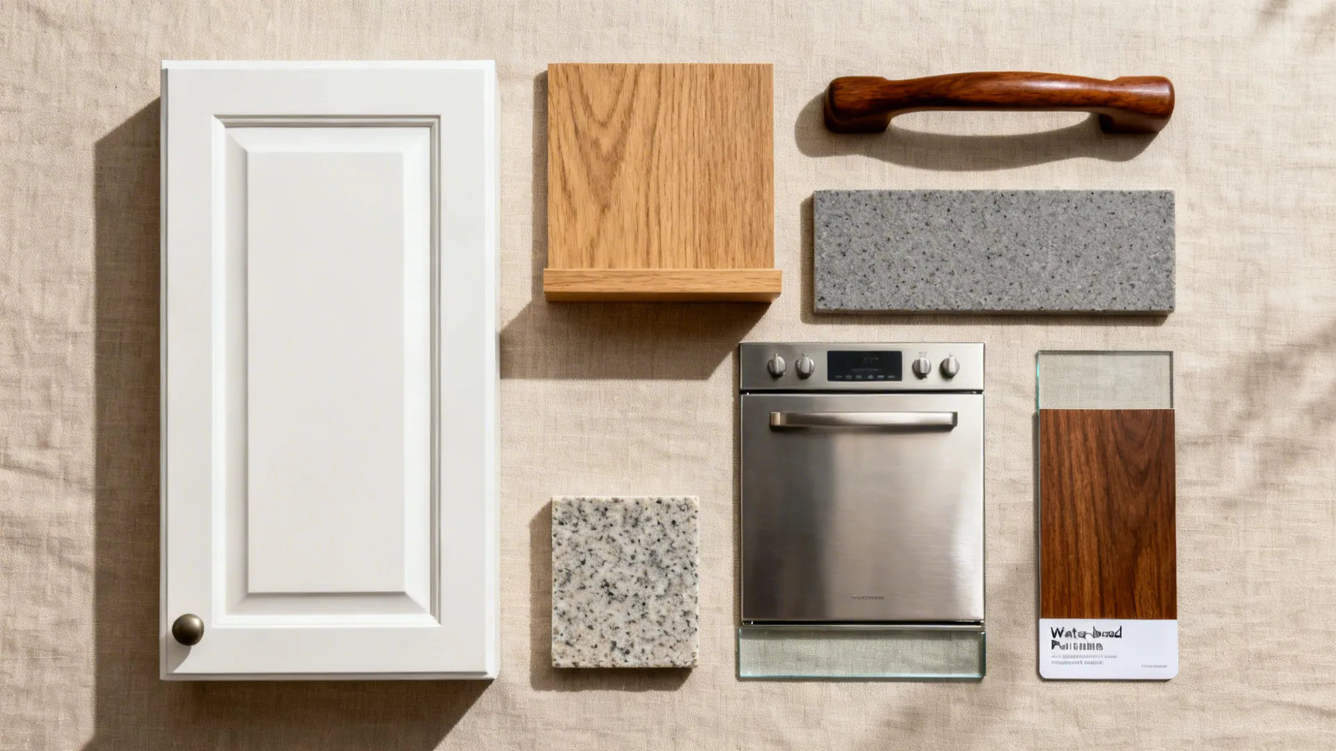 Flat-lay of white cabinet finish, oak veneer, walnut handle, gray quartz, stainless steel, and clear glass samples.