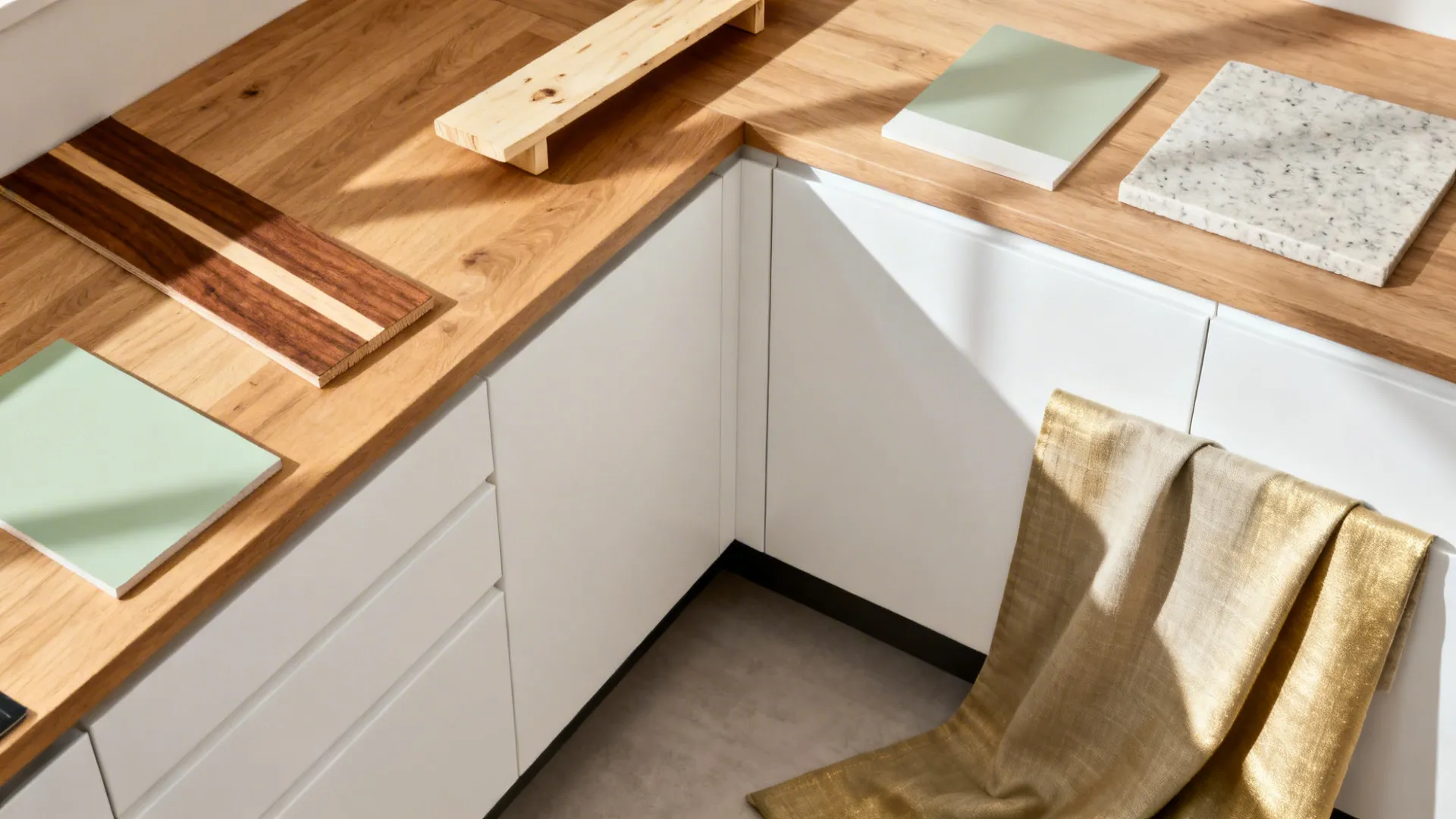 Flat lay of oak and walnut wood samples with quartz, matte white finish, pale sage chip, and linen fabric.