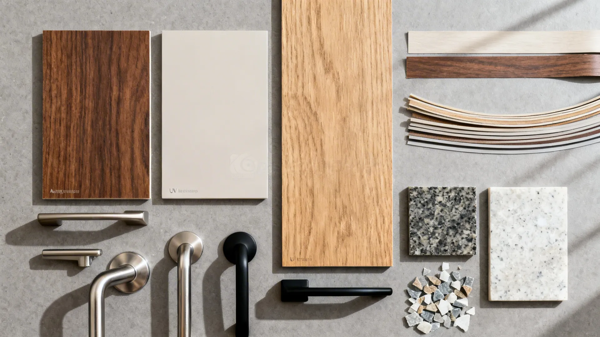 Flat lay of wood-look laminates, UV boards, handles, and quartz and granite samples.
