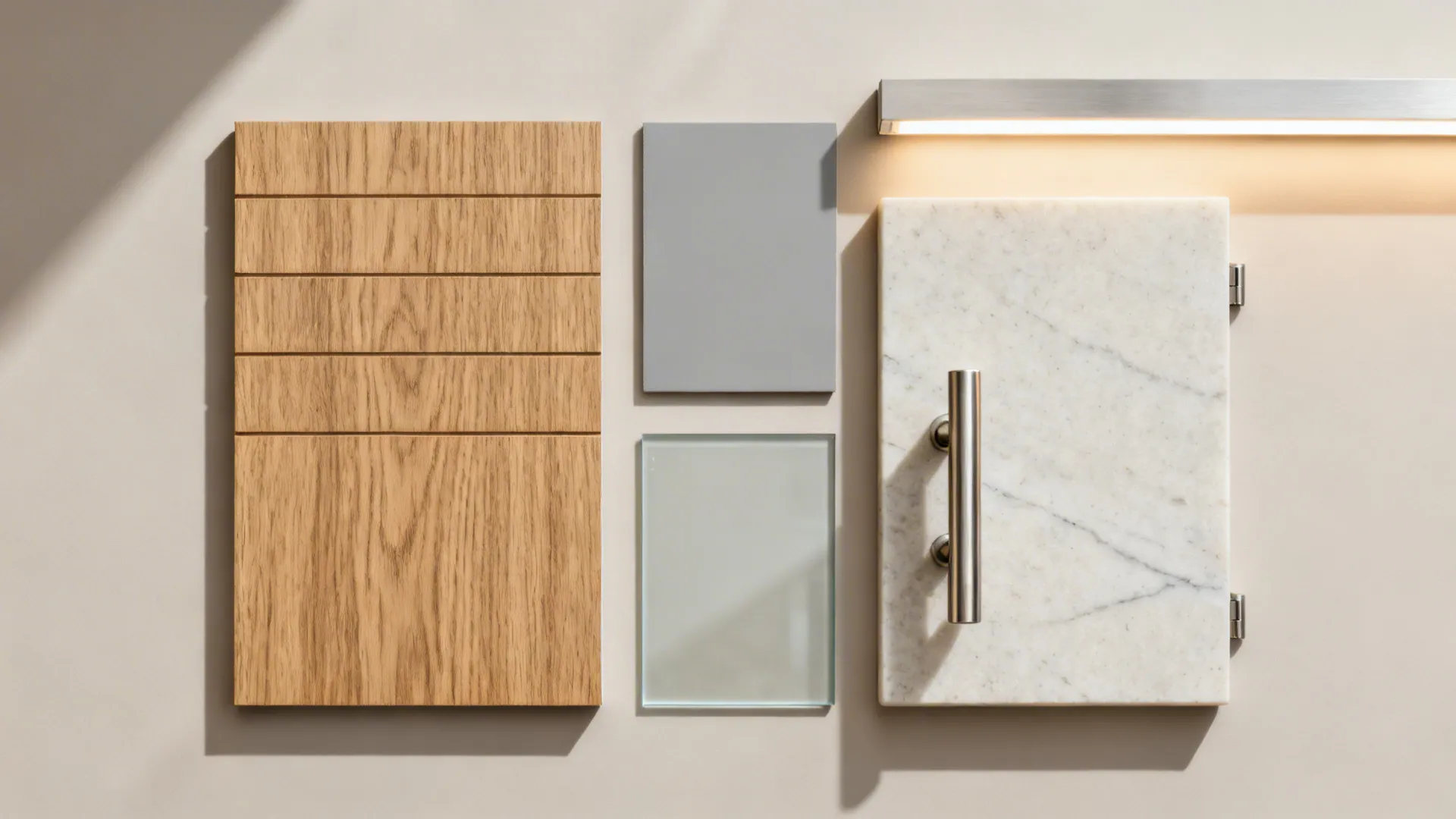Flat lay of oak veneer, matte gray lacquer, satin glass, light quartz, and LED strip.