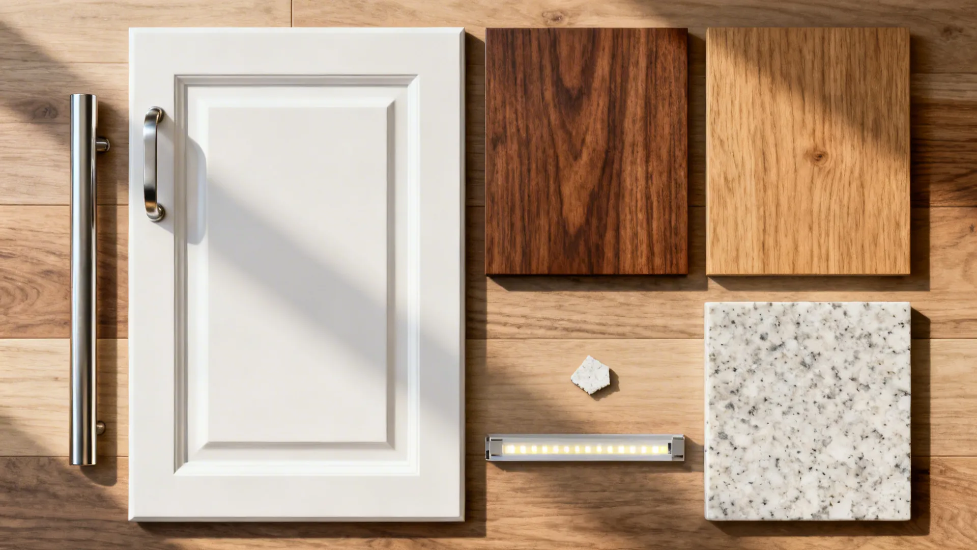 Flatlay of kitchen materials with matte white fronts, walnut and oak veneers, hardware, and quartz samples.