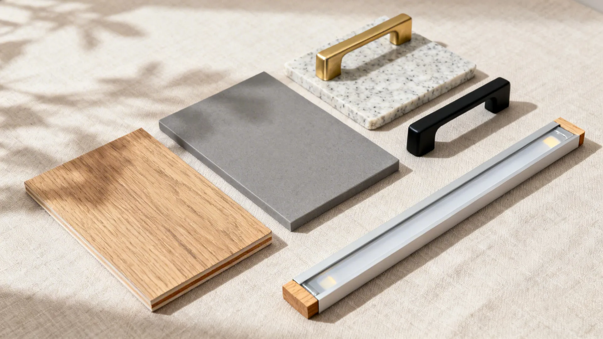 Collection of interior design material samples including wood stone metal handles and a light fixture