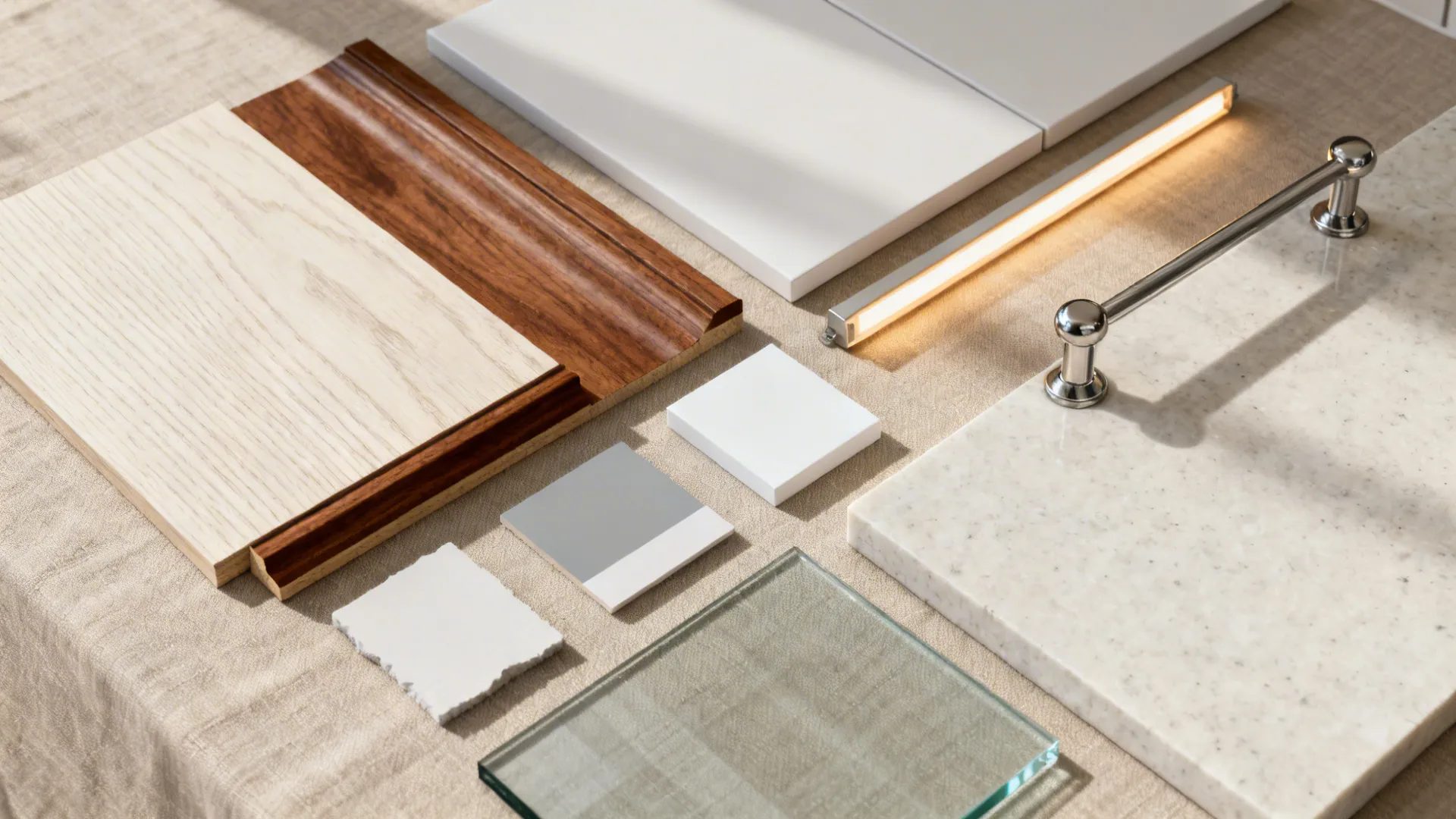 Flat lay of rift-cut oak, walnut, matte white finish, soft gray paint, glass, and quartz samples.