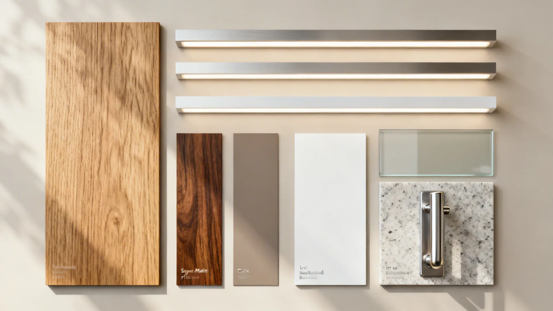 Top-down material board with vertical-grain wood, matte laminates, glass, quartz, and hardware.