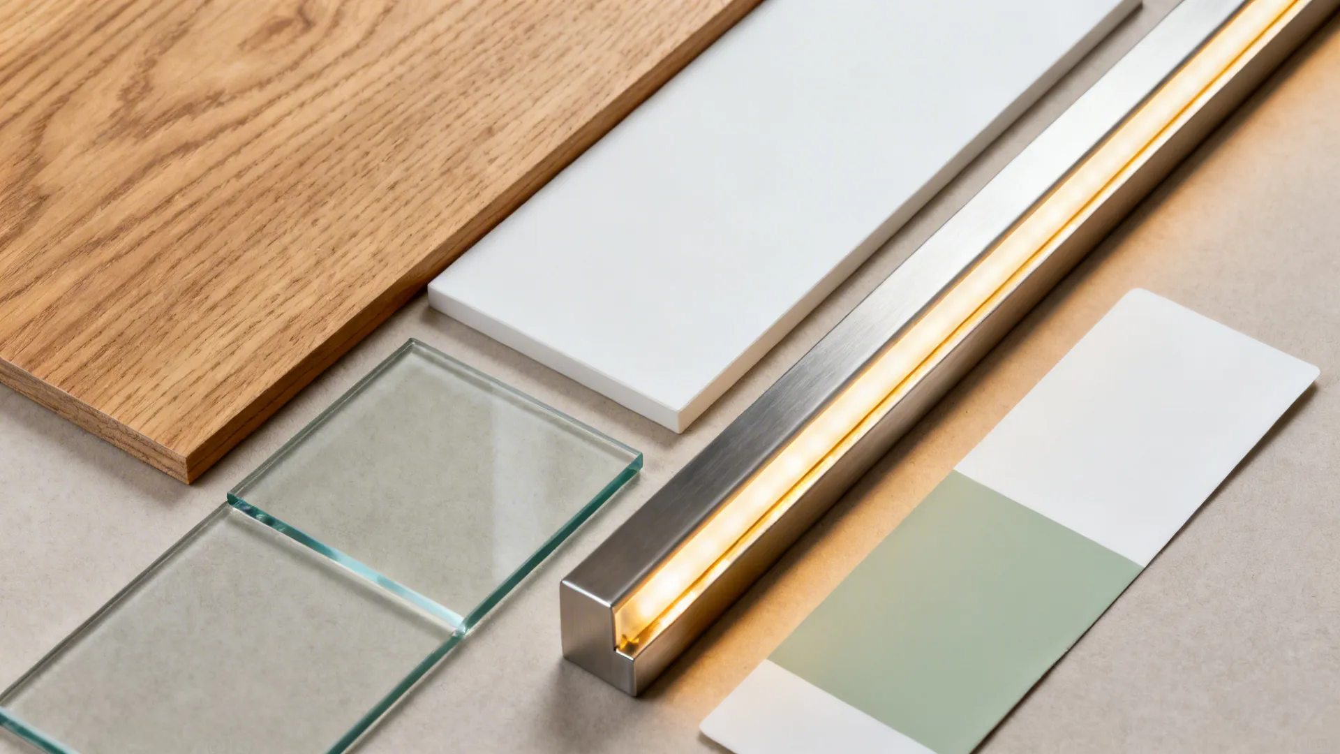 Material board with wood panel white board glass tile metal light fixture and green color swatches