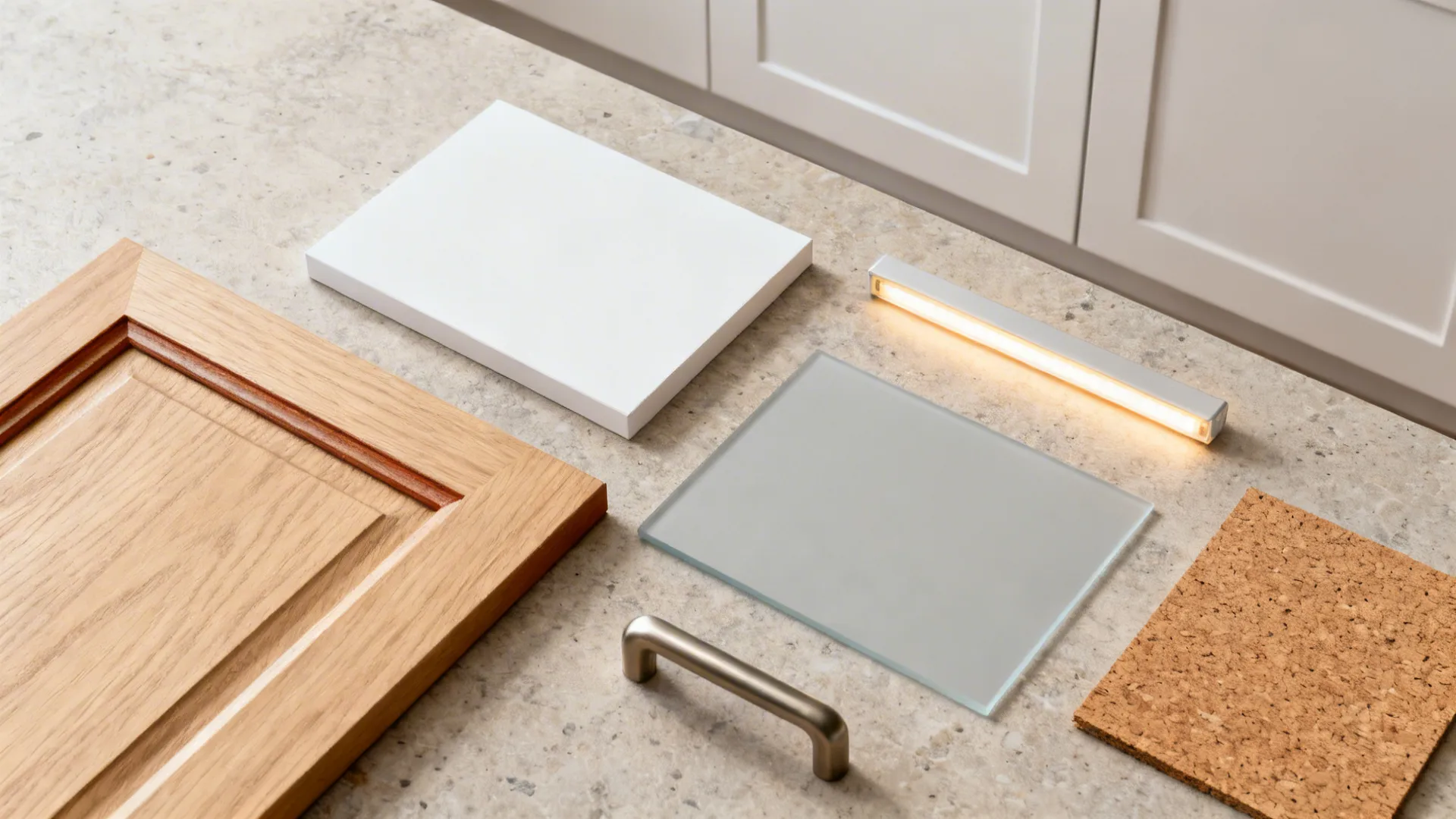 Flat lay of oak veneer, matte white, pale gray glass, LED diffuser, handle, and cork liner.