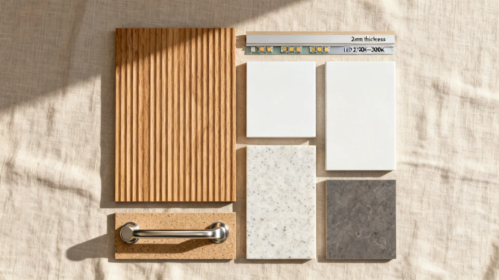 Flat lay of oak veneer, matte white fronts, quartz, edge-banding, and lighting chips for a warm kitchen palette.