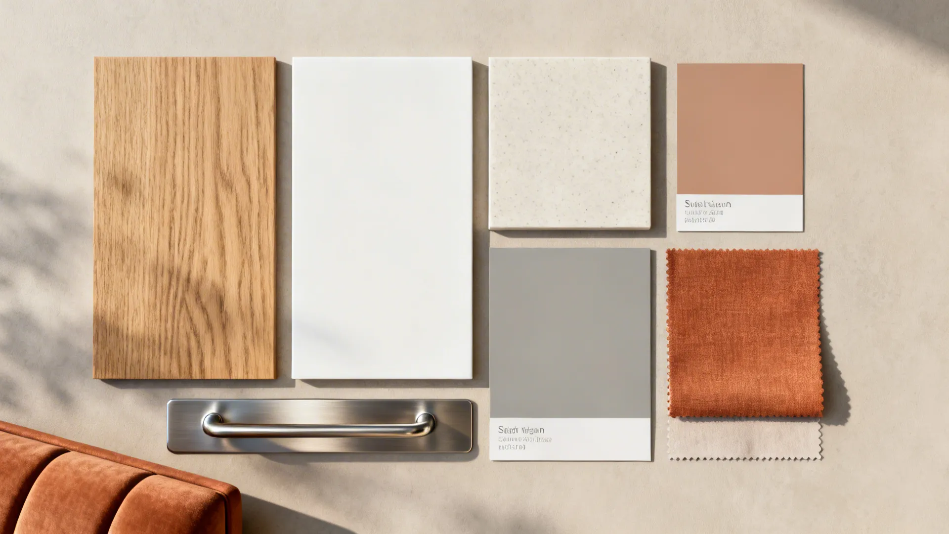 Flat lay with oak veneer, satin white, pale quartz, and warm fabric for a balanced wood palette.