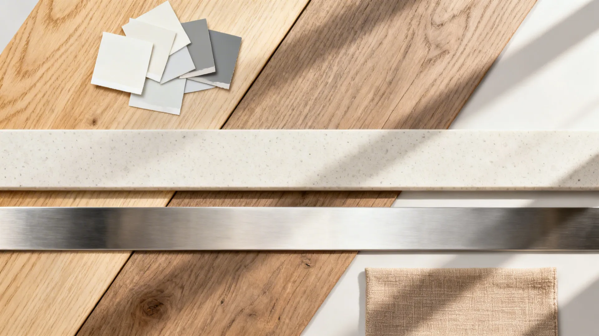 Flat lay of light oak and ash samples with off-white paints, pale quartz, and brushed stainless steel.