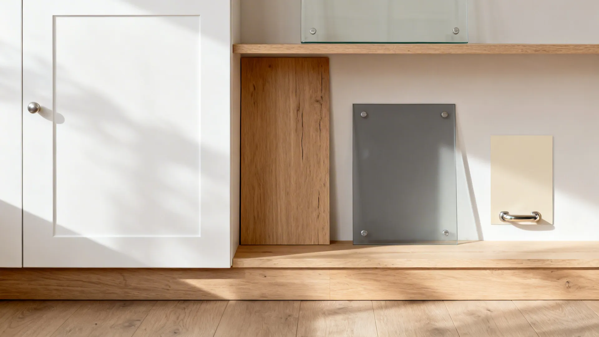Flat lay of white cabinet front, light oak, warm gray glass, and brushed hardware.