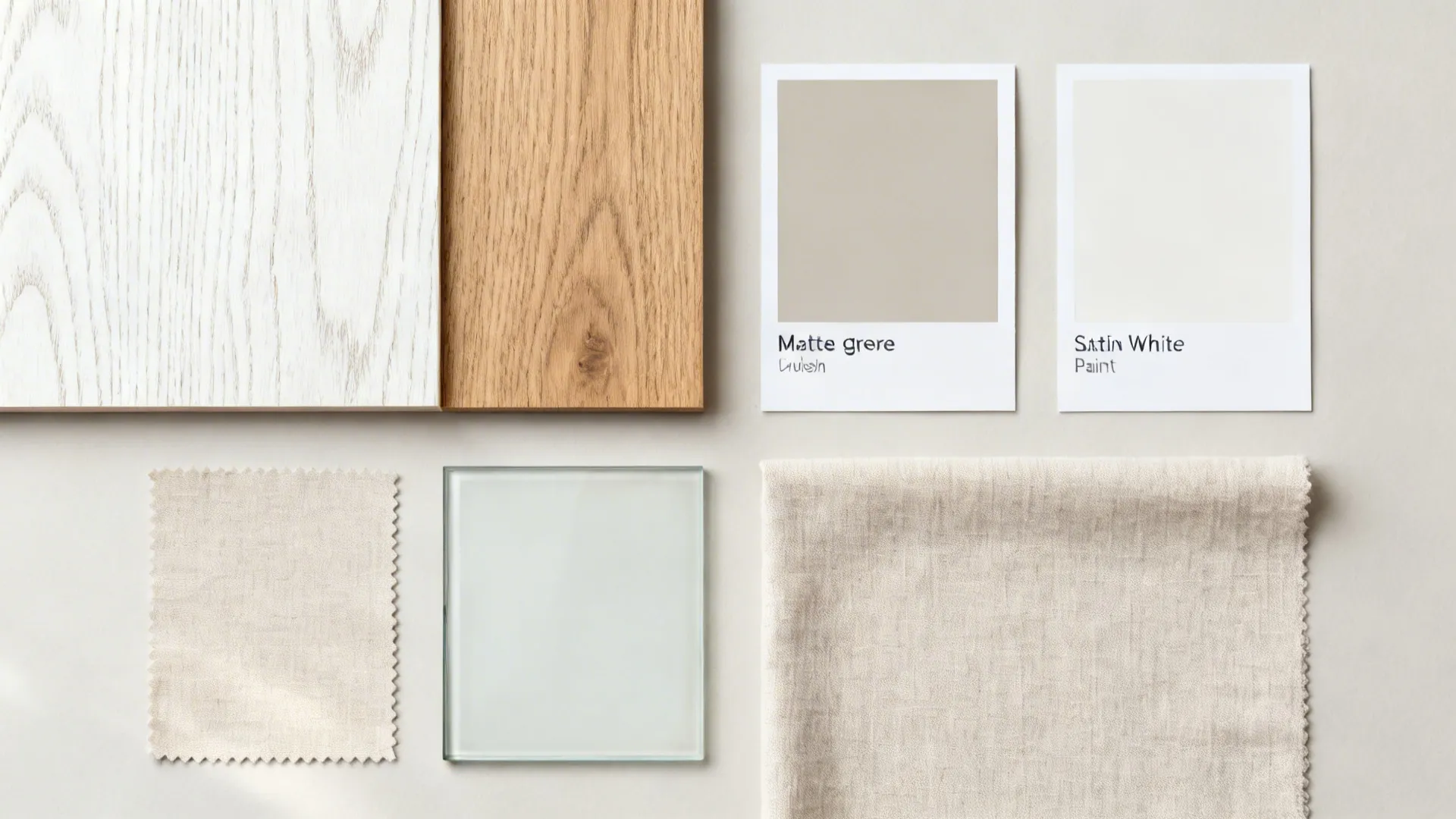 Flat lay with white-oak and ash samples, greige paint, low-iron glass, and neutral fabric.