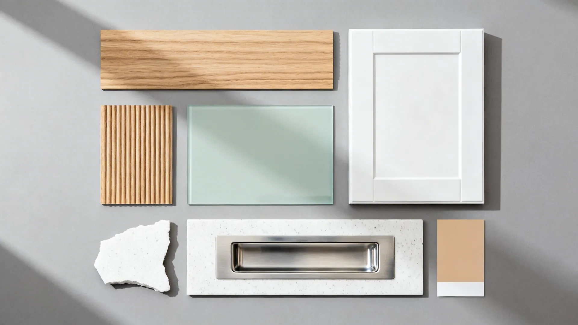 Flat lay of light oak veneer, oak tambour, matte white front, sage glass, and white quartz samples.