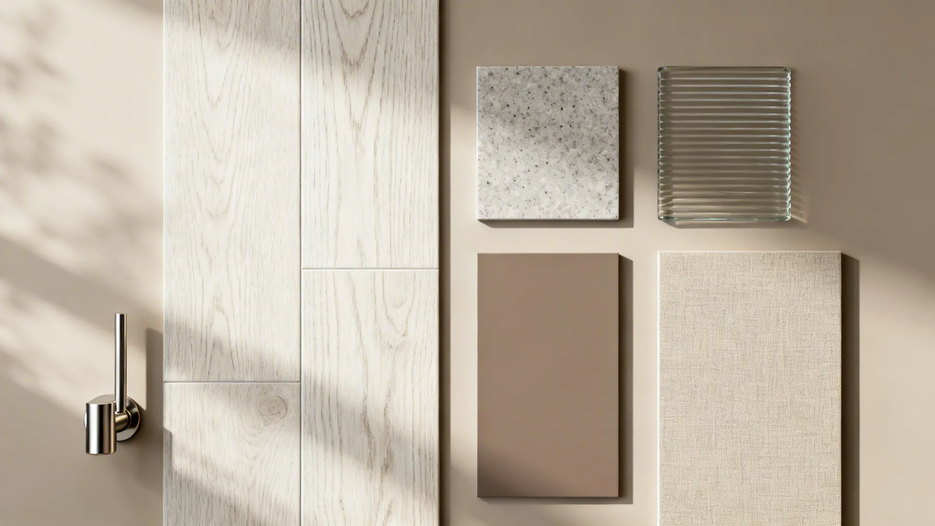 Flat lay of white oak veneer, wood-look tile, satin quartz, matte lacquer, ribbed glass, and brushed hardware.