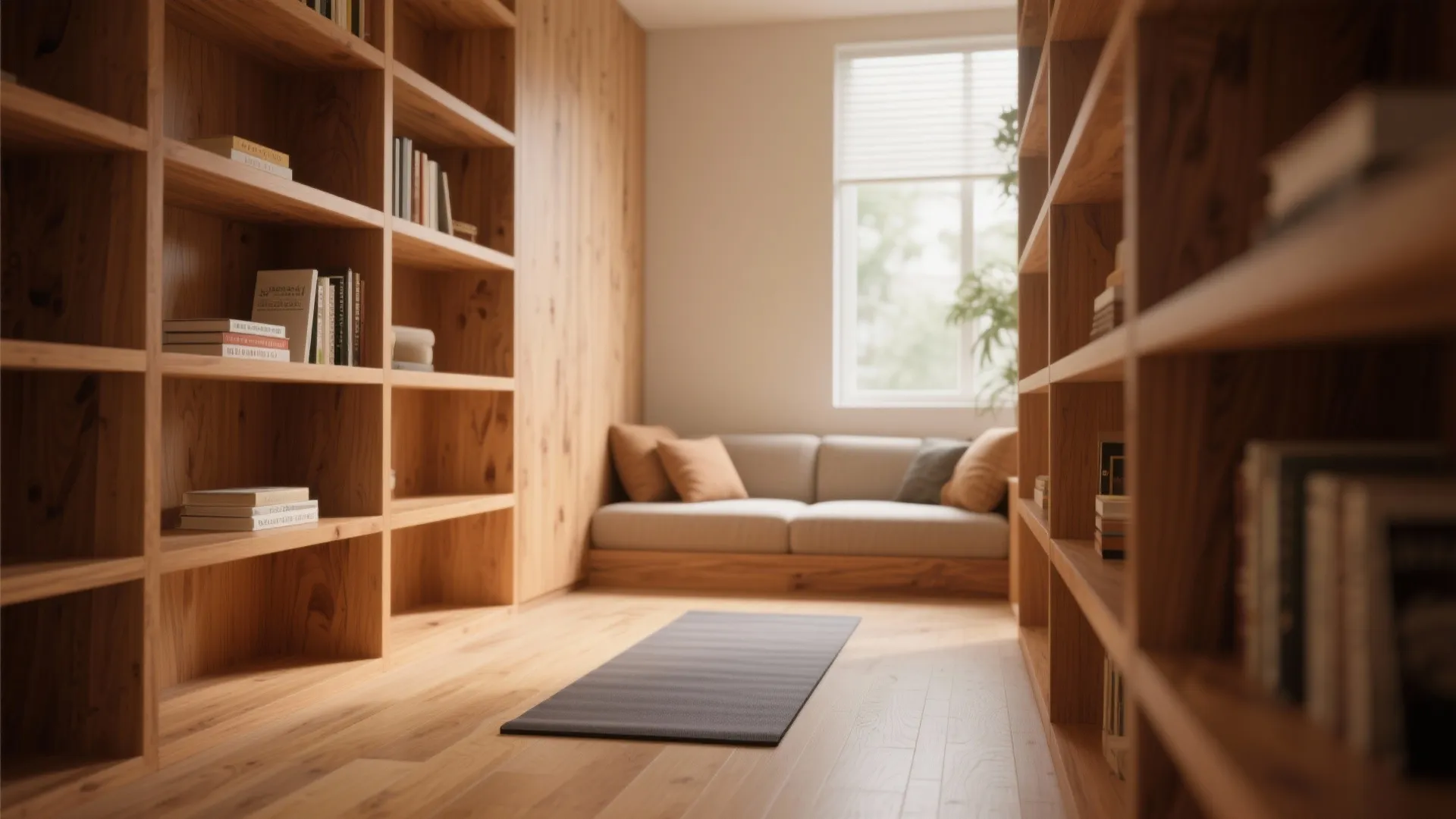 Cozy reading room with wooden bookshelves a small sofa yoga mat and large window light
