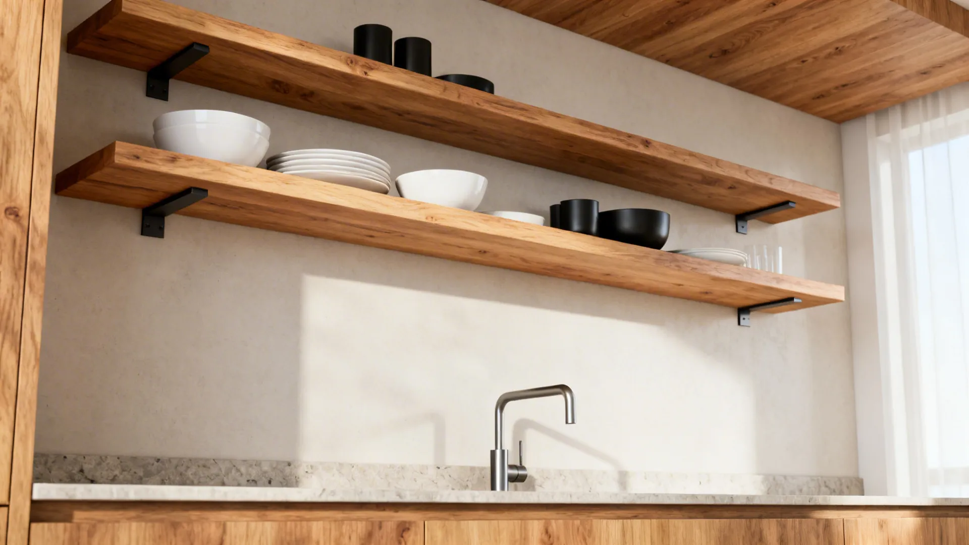 Warm oak floating kitchen shelves with concealed mounts displaying white dishes in a small galley.