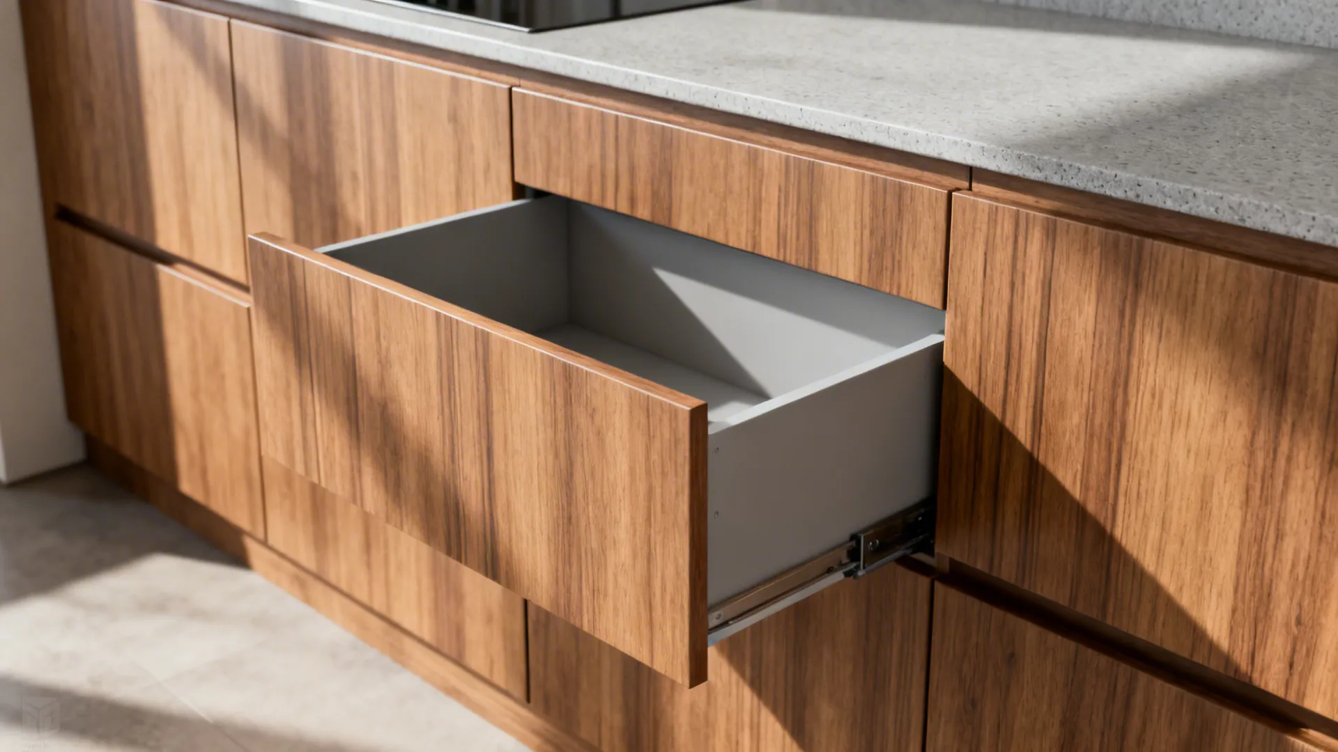 Base-only kitchen with oak veneer fronts and durable light-gray melamine interiors.