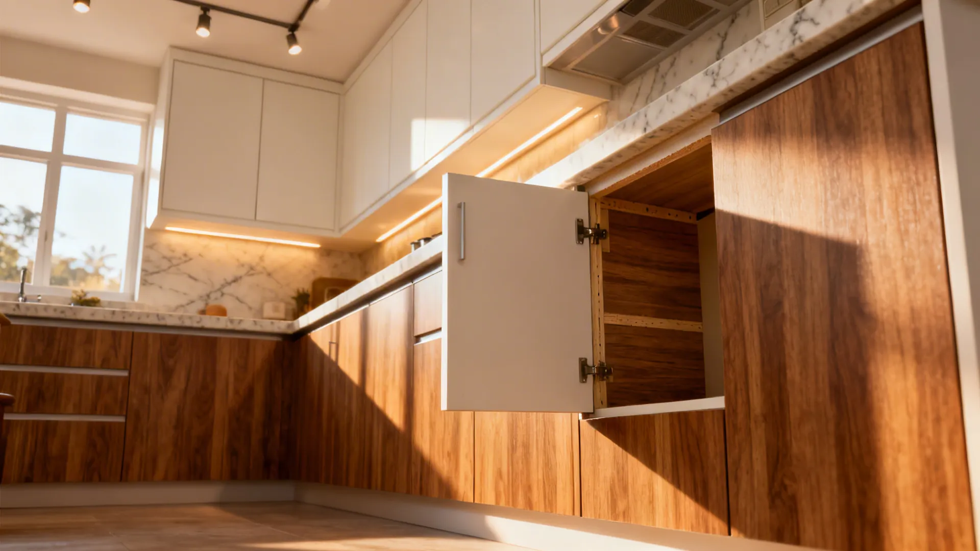 Semi modular kitchen with warm wood-tone base fronts, off-white uppers, and sturdy moisture-resistant carcasses.