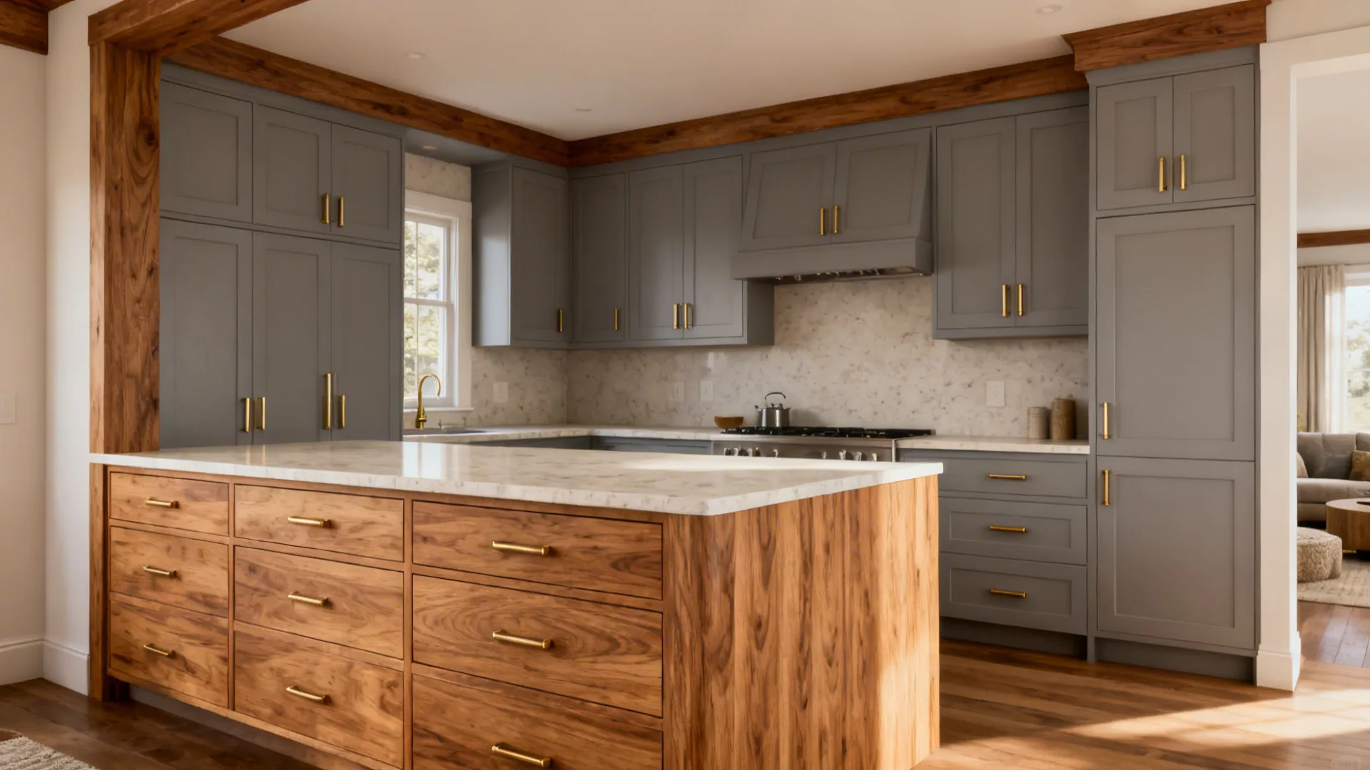 G-shaped kitchen with an oak-wrapped peninsula, gray cabinets, and brass accents in soft daylight.