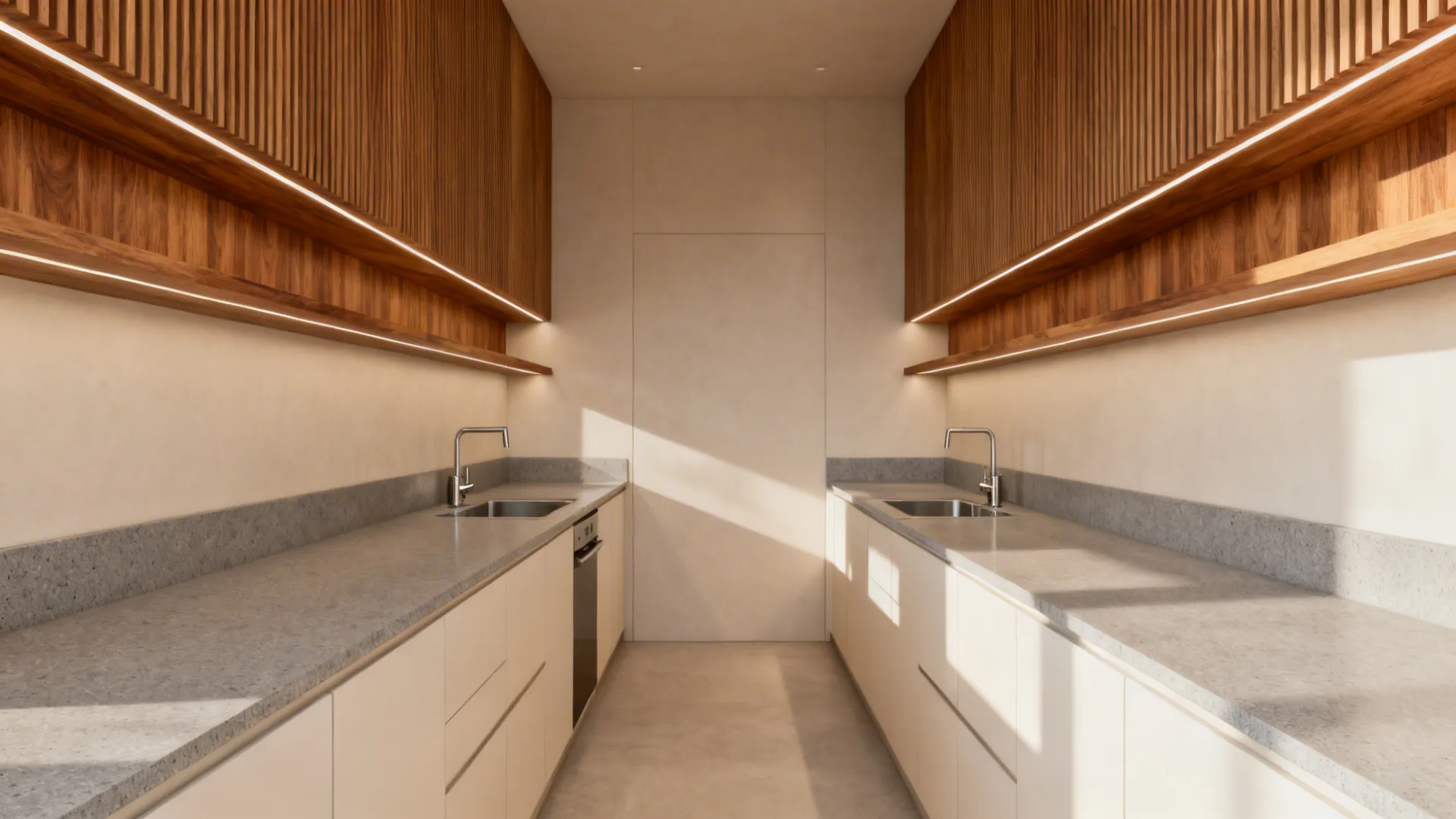 Parallel kitchen with warm wood accents and soft neutral cabinetry creating a cozy feel.