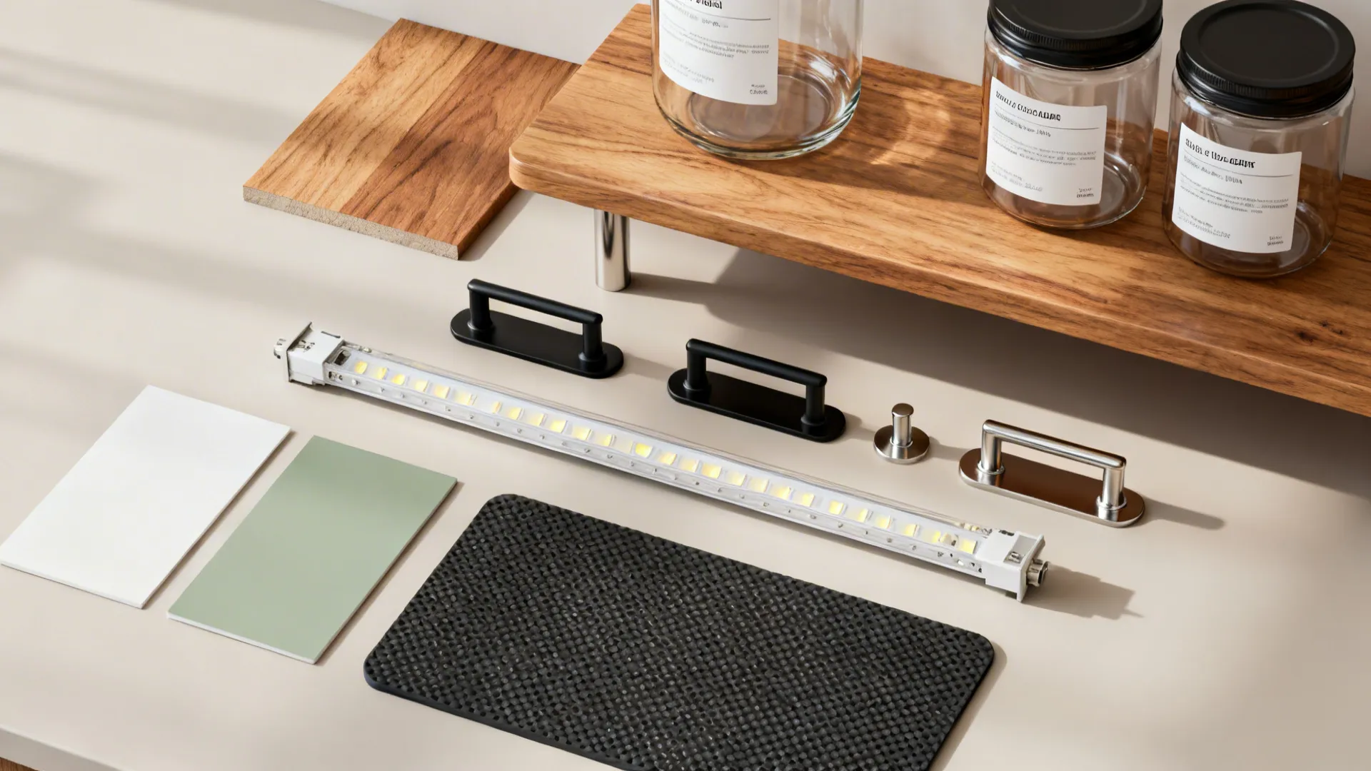 Flat lay showing wood samples, glass jars, light strip, black handles, and colorful material sample tiles