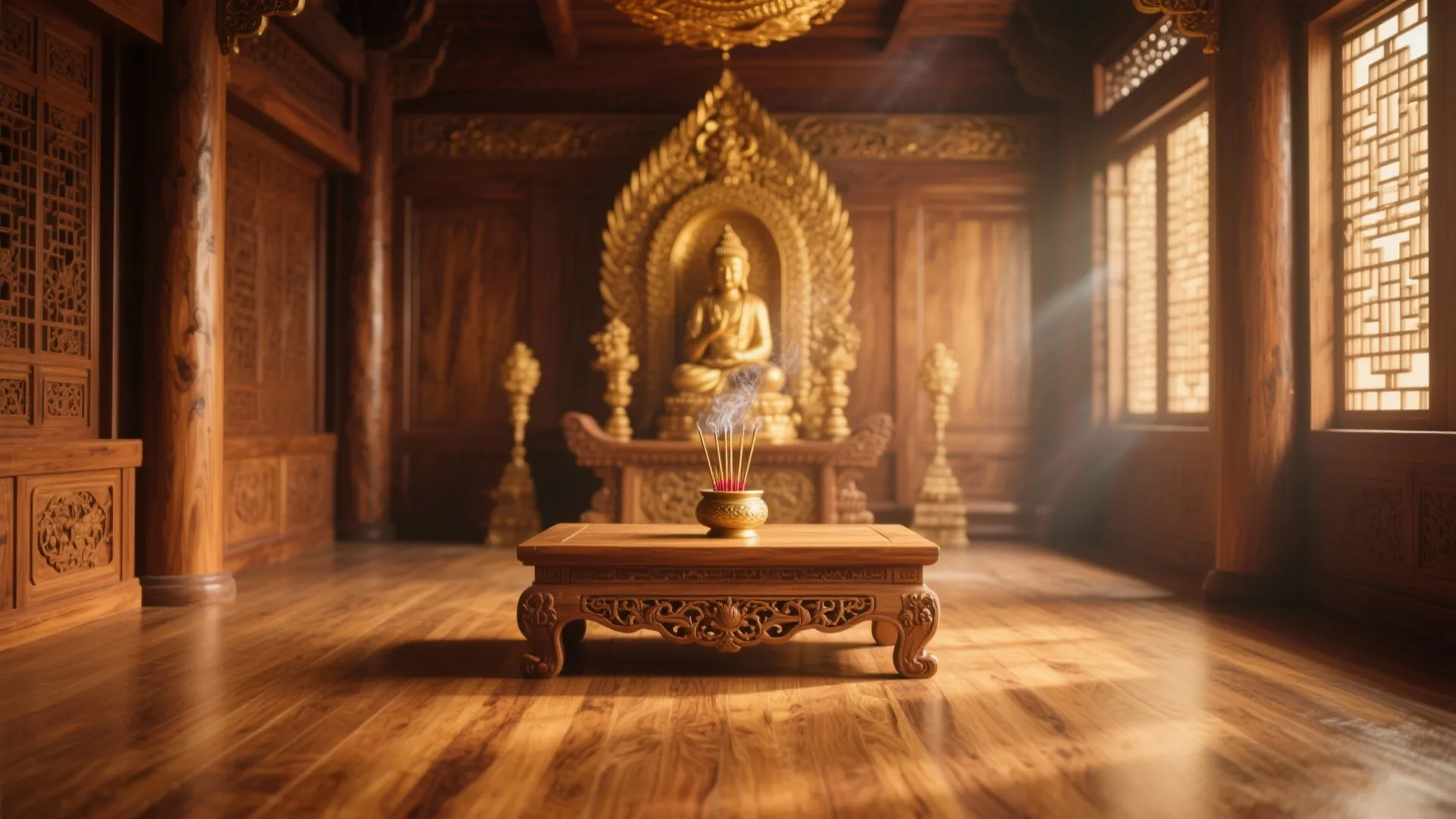 Traditional wooden prayer room with golden statue on wall and small table for burning incense sticks