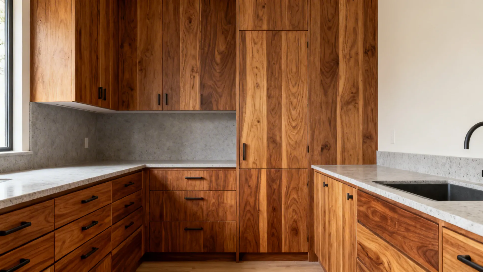 Warm wood kitchen with sequence-matched veneers and clear horizontal and vertical grain directions