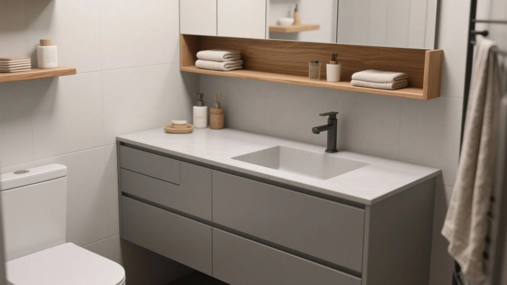 Mid-tone gray vanity paired with warm maple floating shelves in a small bathroom