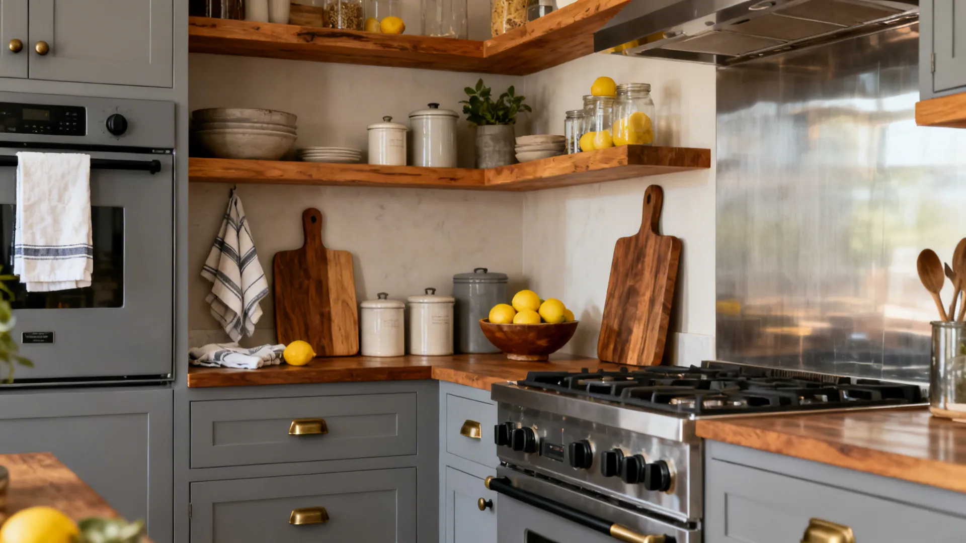 Rustic-modern kitchen with warm wood, gray appliances, and lemon accents.