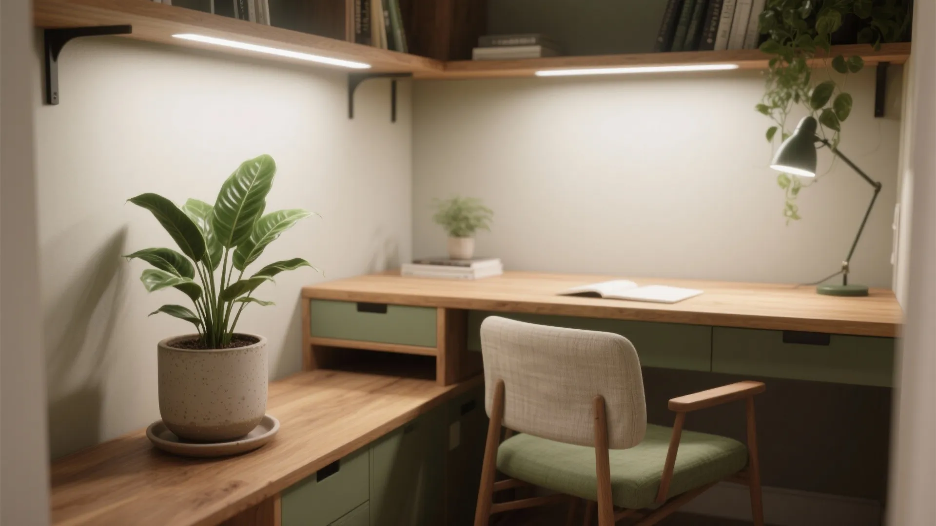 Biophilic Materials and Warm Tones for Calm, Sustained Work