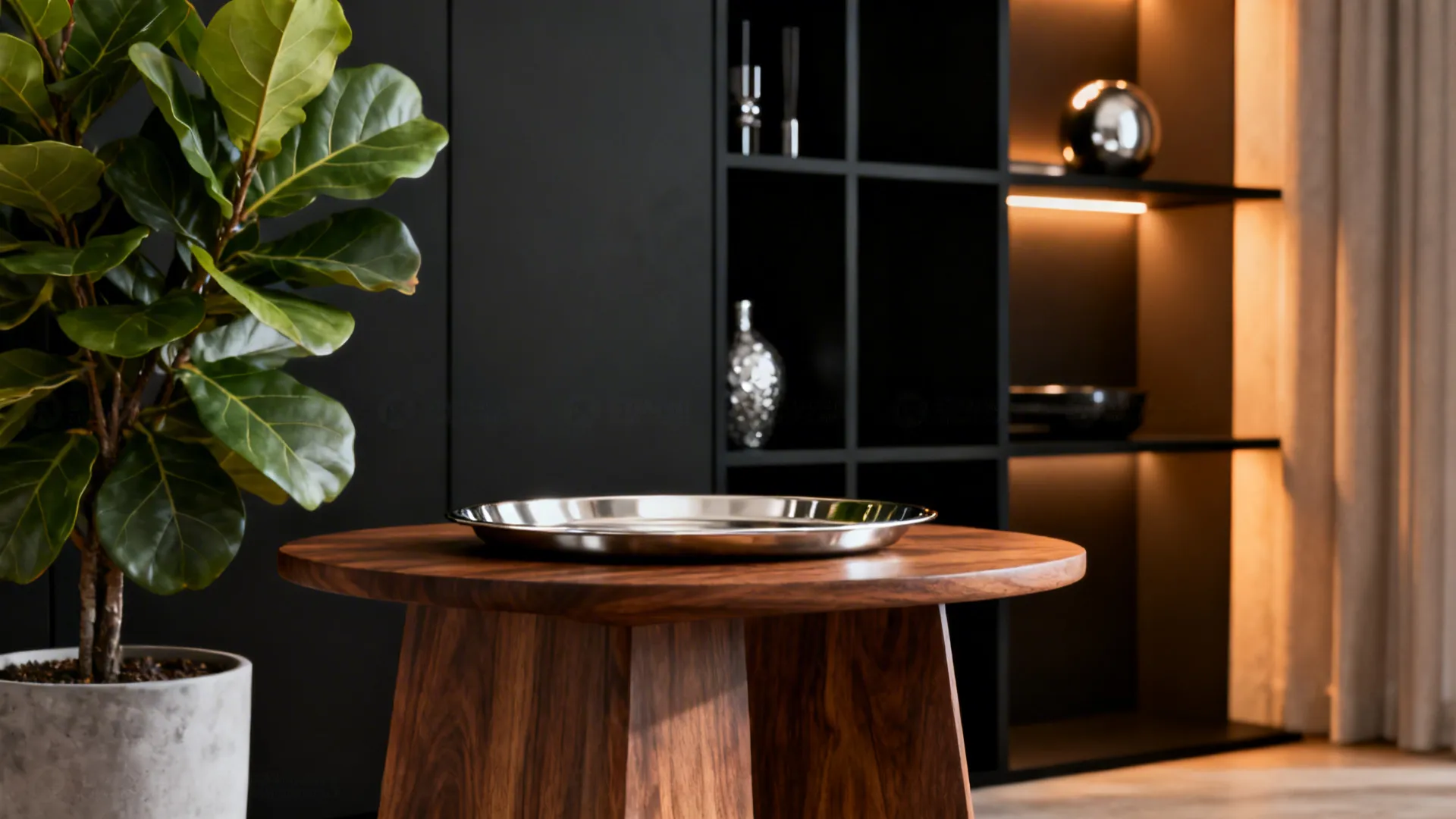 Black and silver decor balanced by a walnut table and a potted fiddle leaf fig for warmth.