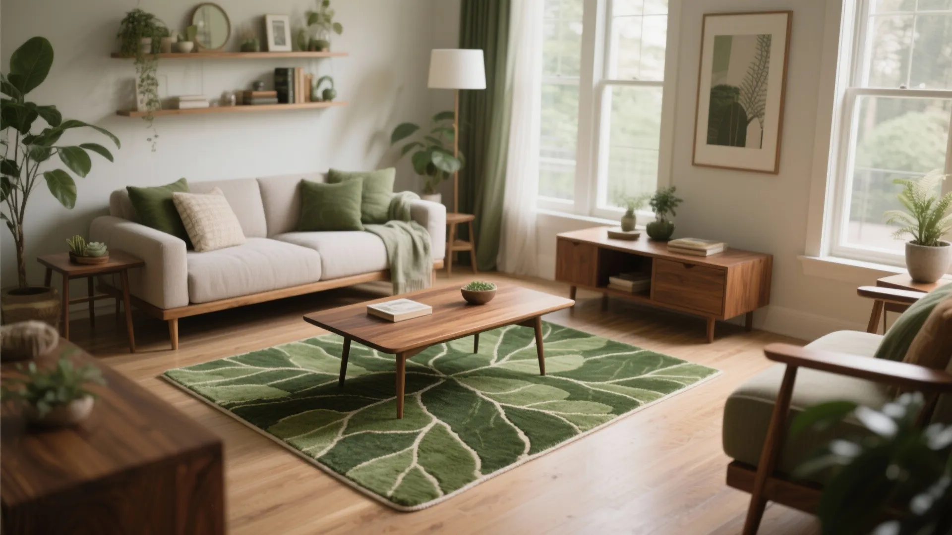 Living room featuring wooden coffee table white sofa green pillows and large green leaf rug