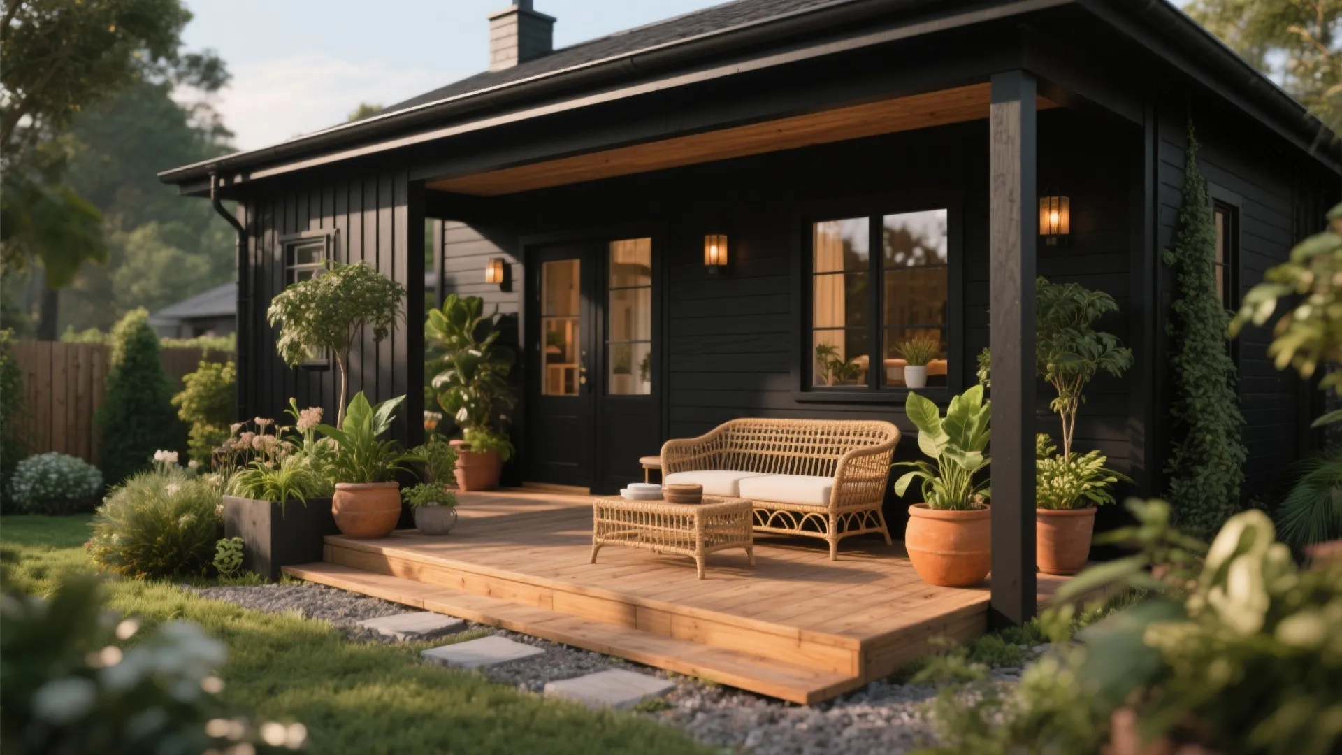 Black wooden house with a wooden deck featuring a wicker sofa coffee table and potted plants