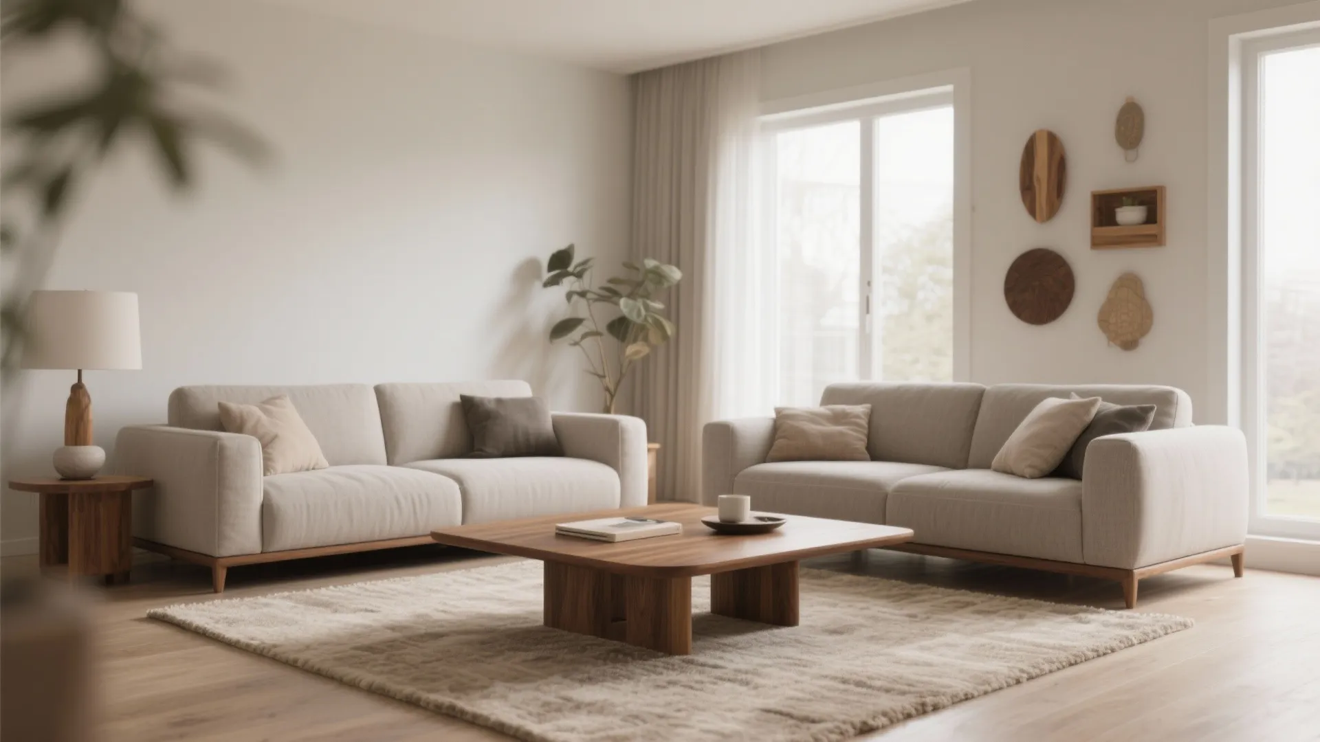 Gray and beige living room with warm walnut coffee table