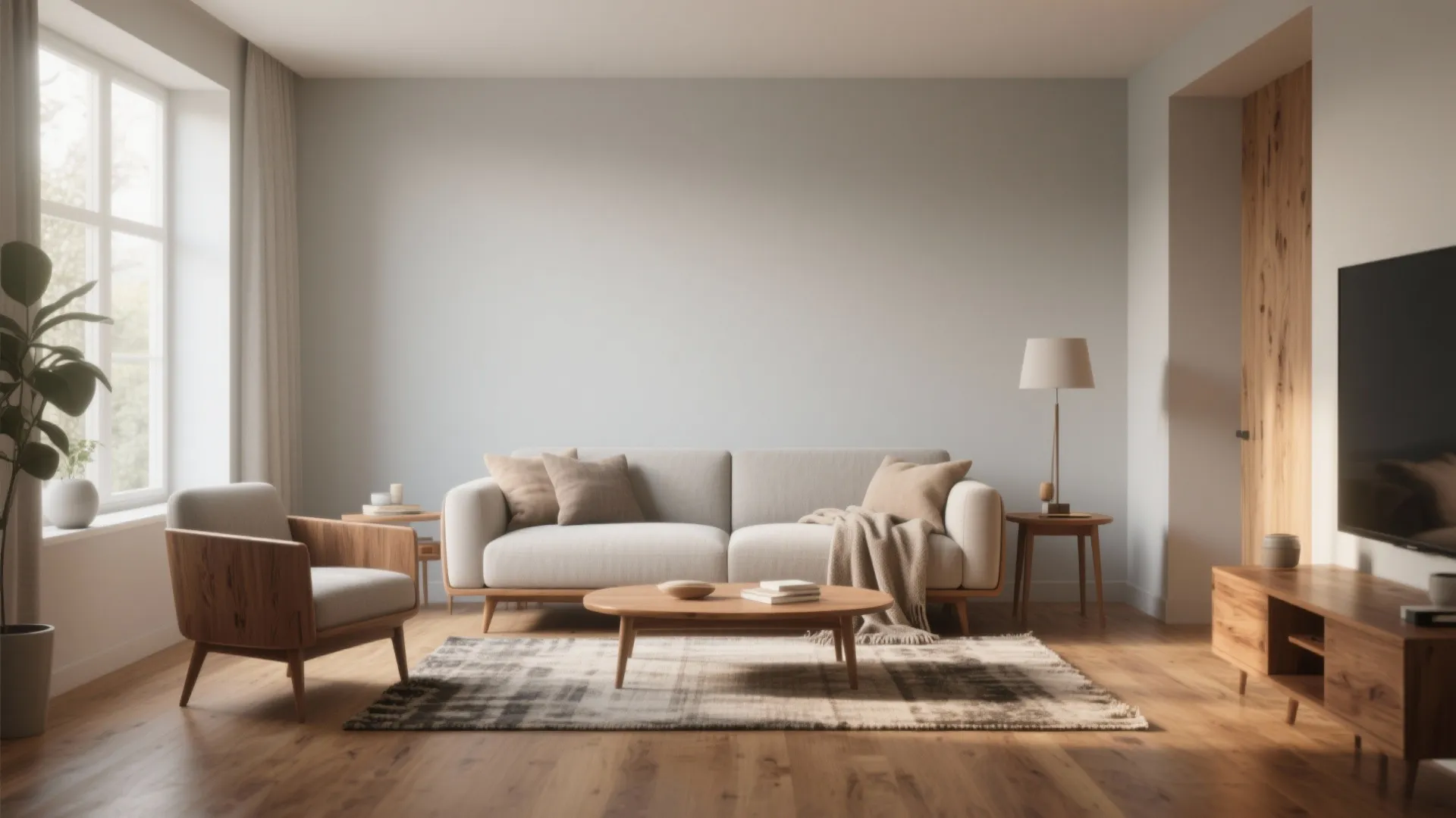 Minimalist living room featuring grey sofa wooden media cabinet round coffee table and large bright windows