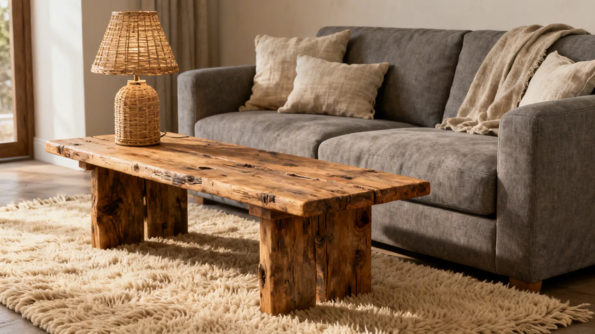 Grey sofa styled with warm wood furniture, rattan lamp and beige rug for a cozy palette.