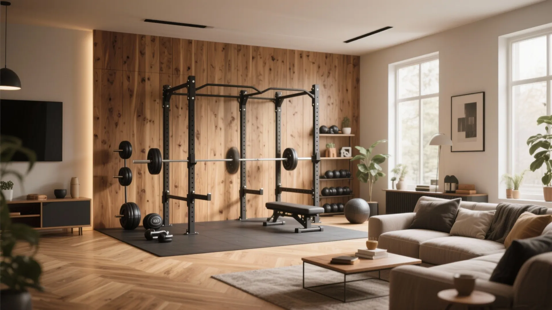 4. Warm Wood Accents in a Workout Zone