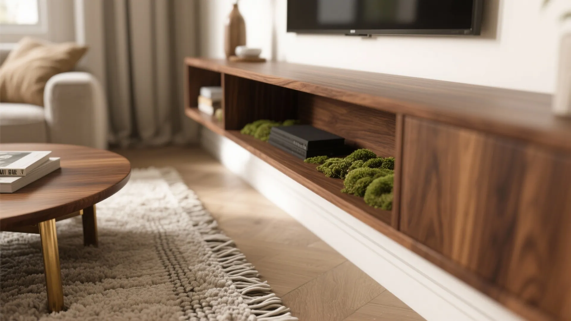 Warm Wood Accents and Texture Layers for a Cozy Hall