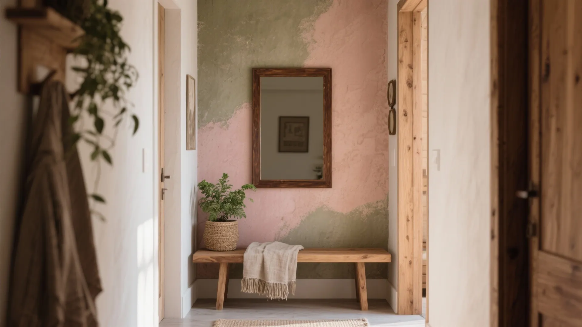 Hallway with pink and green textured wall, wooden bench, mirror, potted plant, and light blanket