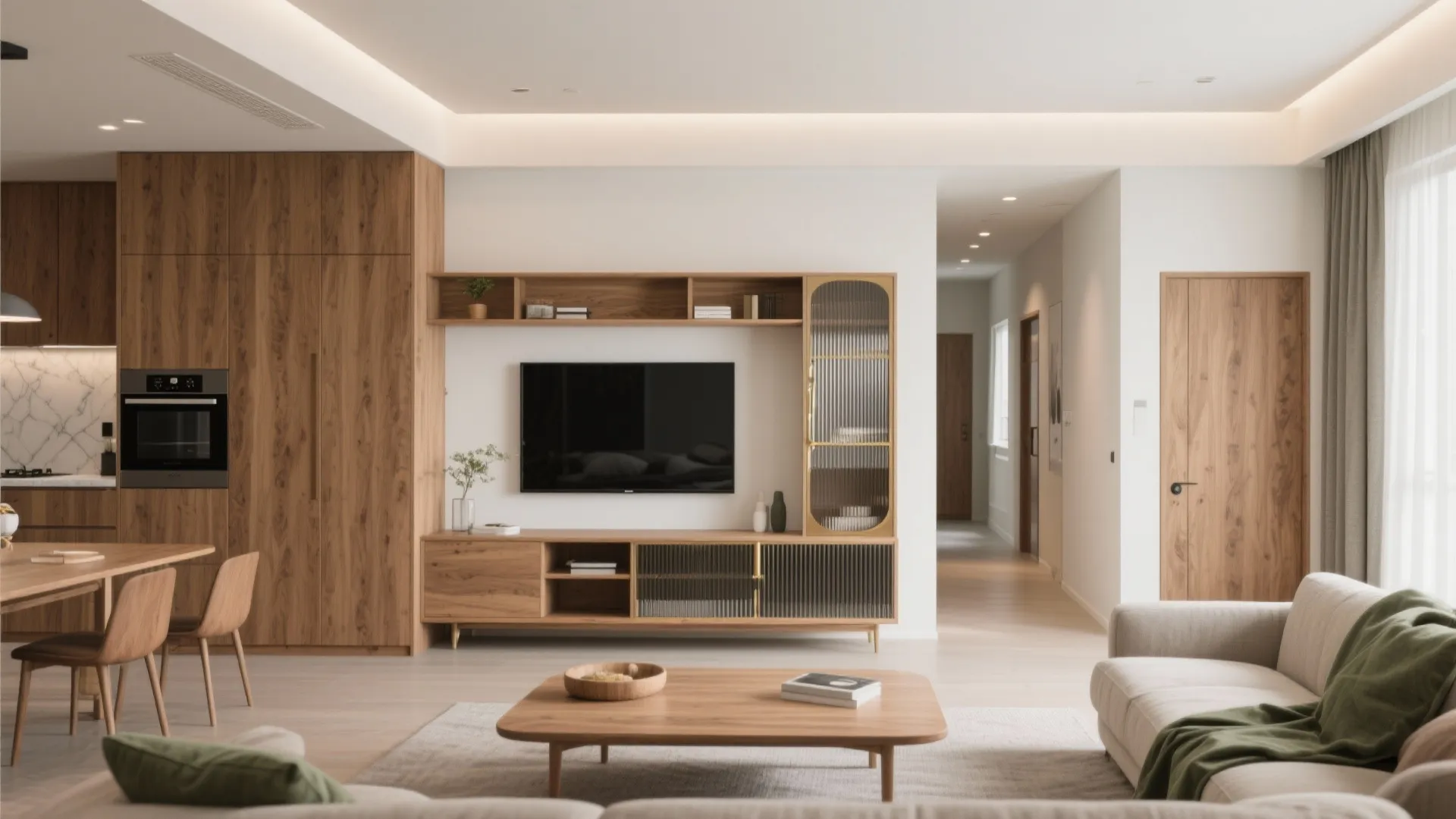 Warm wood elements for a calm, cohesive home