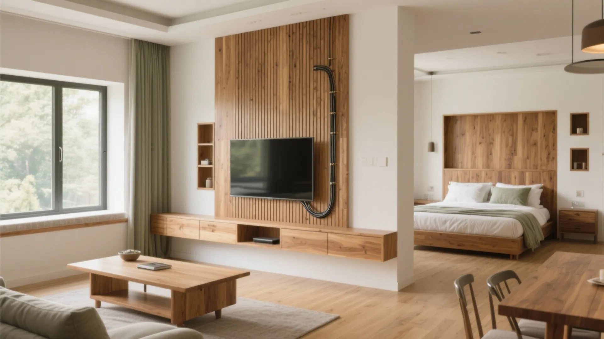 Warm wood accents across living, dining, and bedrooms