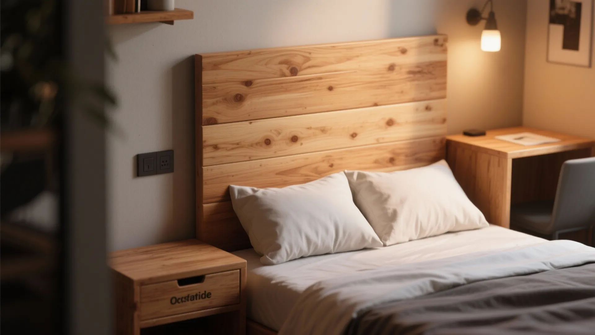 Bed with wooden headboard two white pillows wooden nightstand wall light and a wooden desk