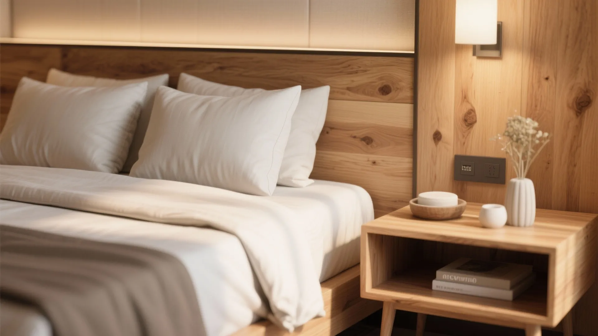 Close up of a bed with white pillows next to a wooden side table light