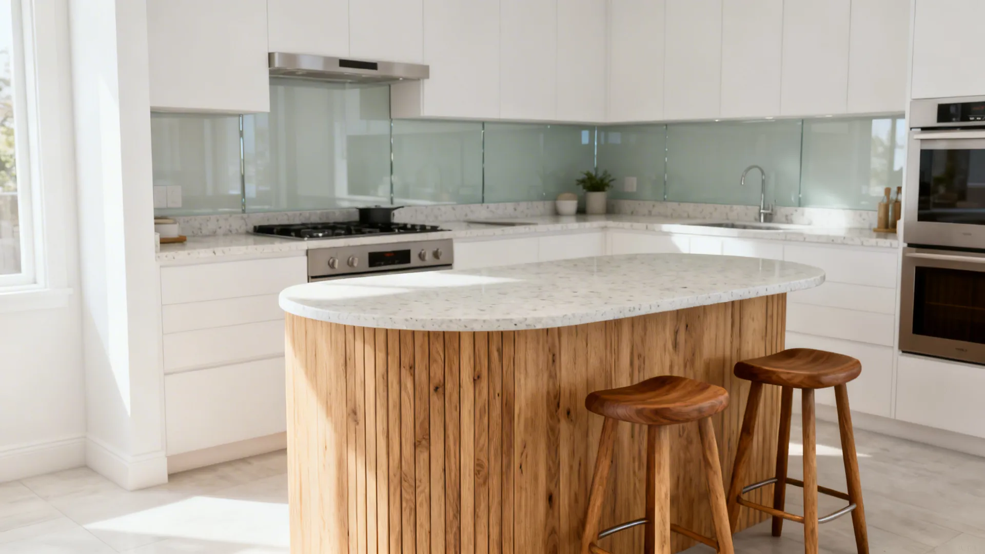 White kitchen with oak-clad island and a matching wood stool adding warmth.