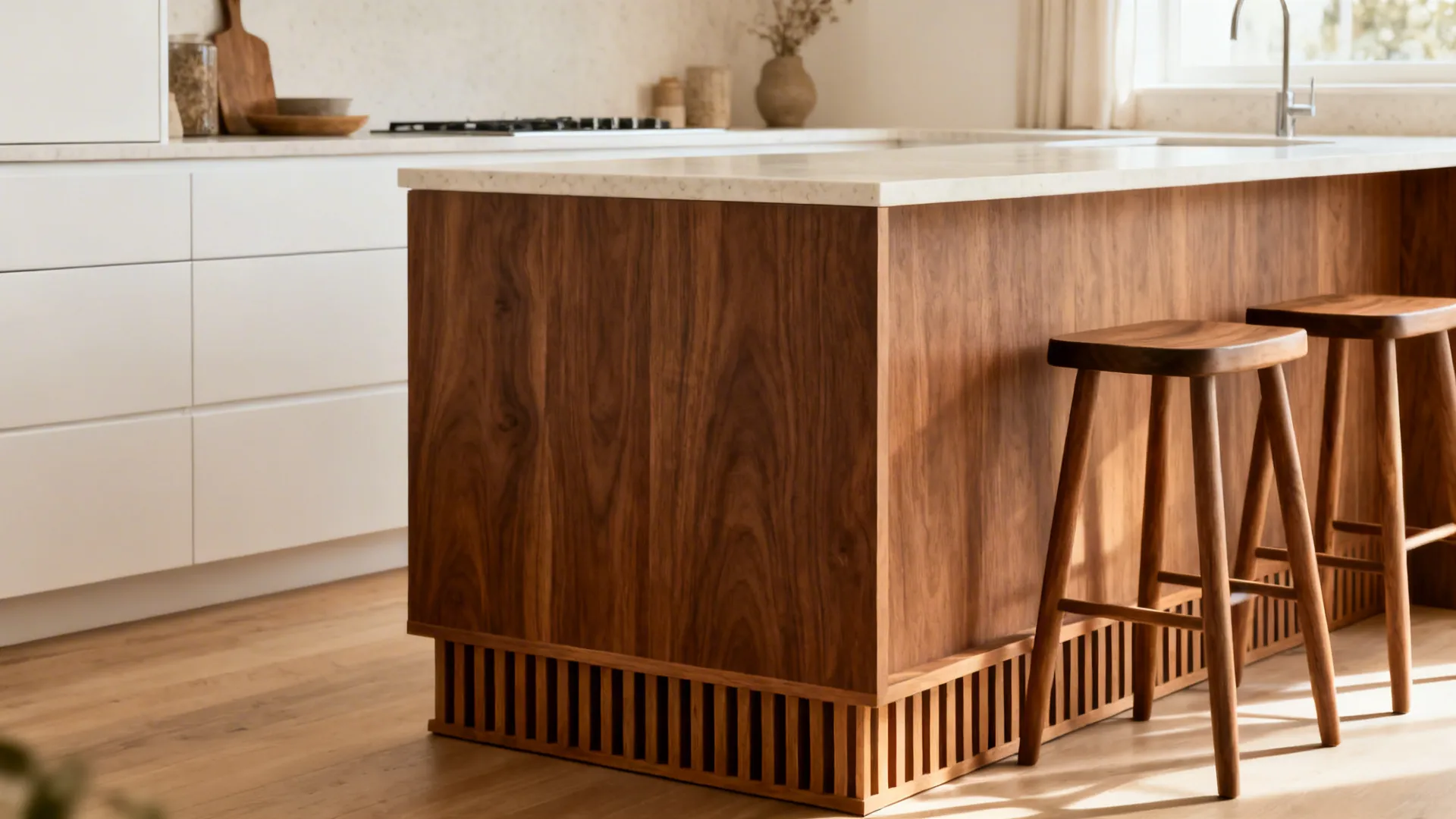 White L-shaped kitchen with a walnut-veneer island panel and stools creating a cozy focal point.