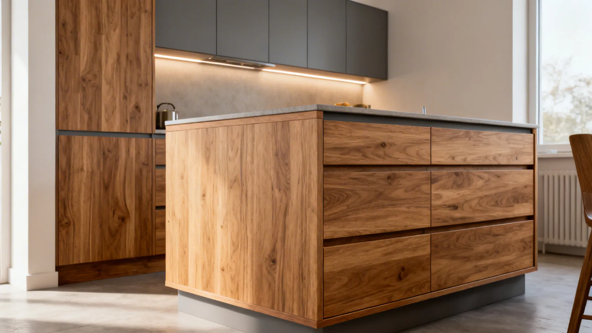 5) Warm wood accents with durable finishes