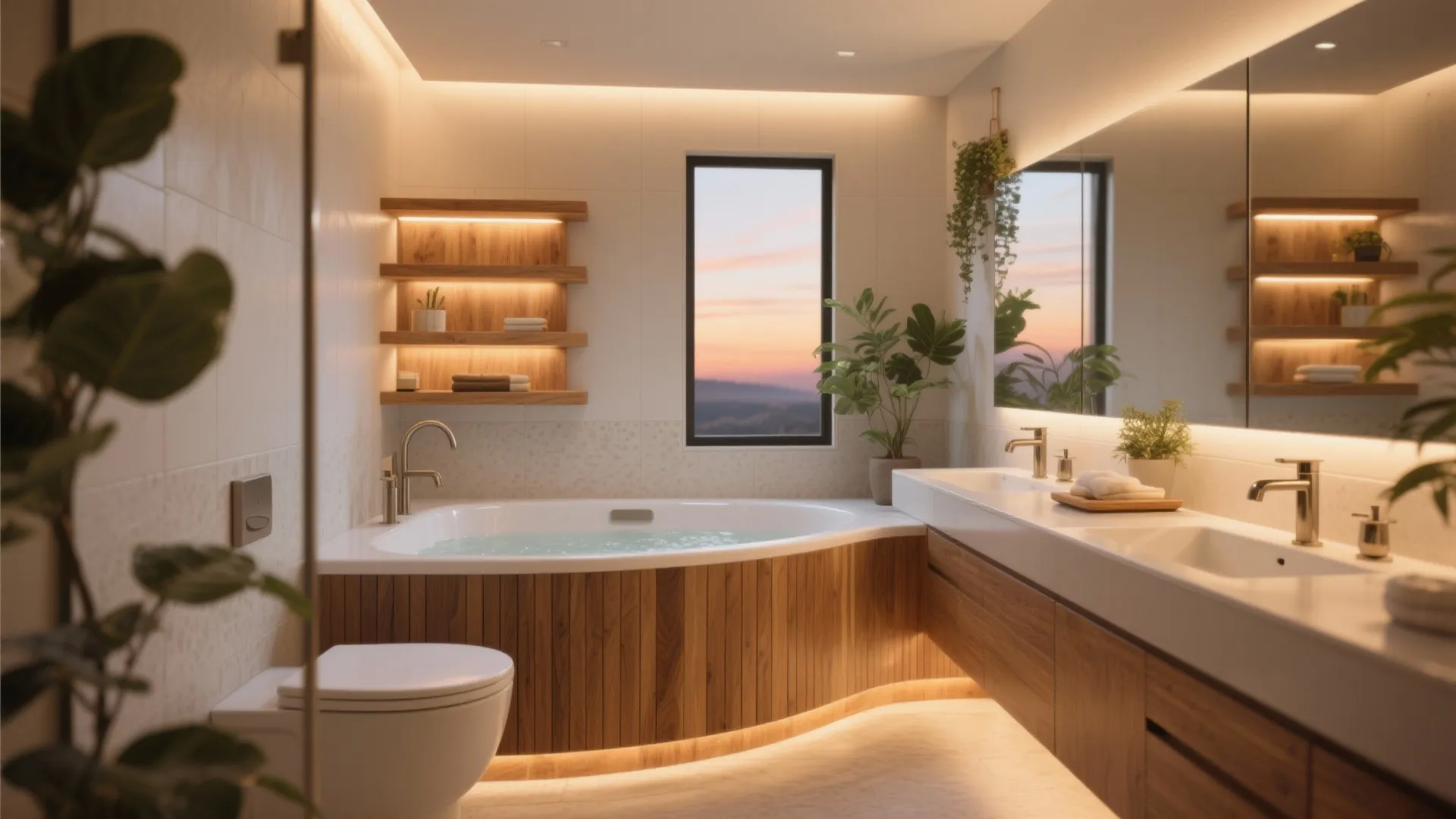 Jacuzzi tub with ribbed oak apron, warm ambient 2700K lighting, and calming décor.