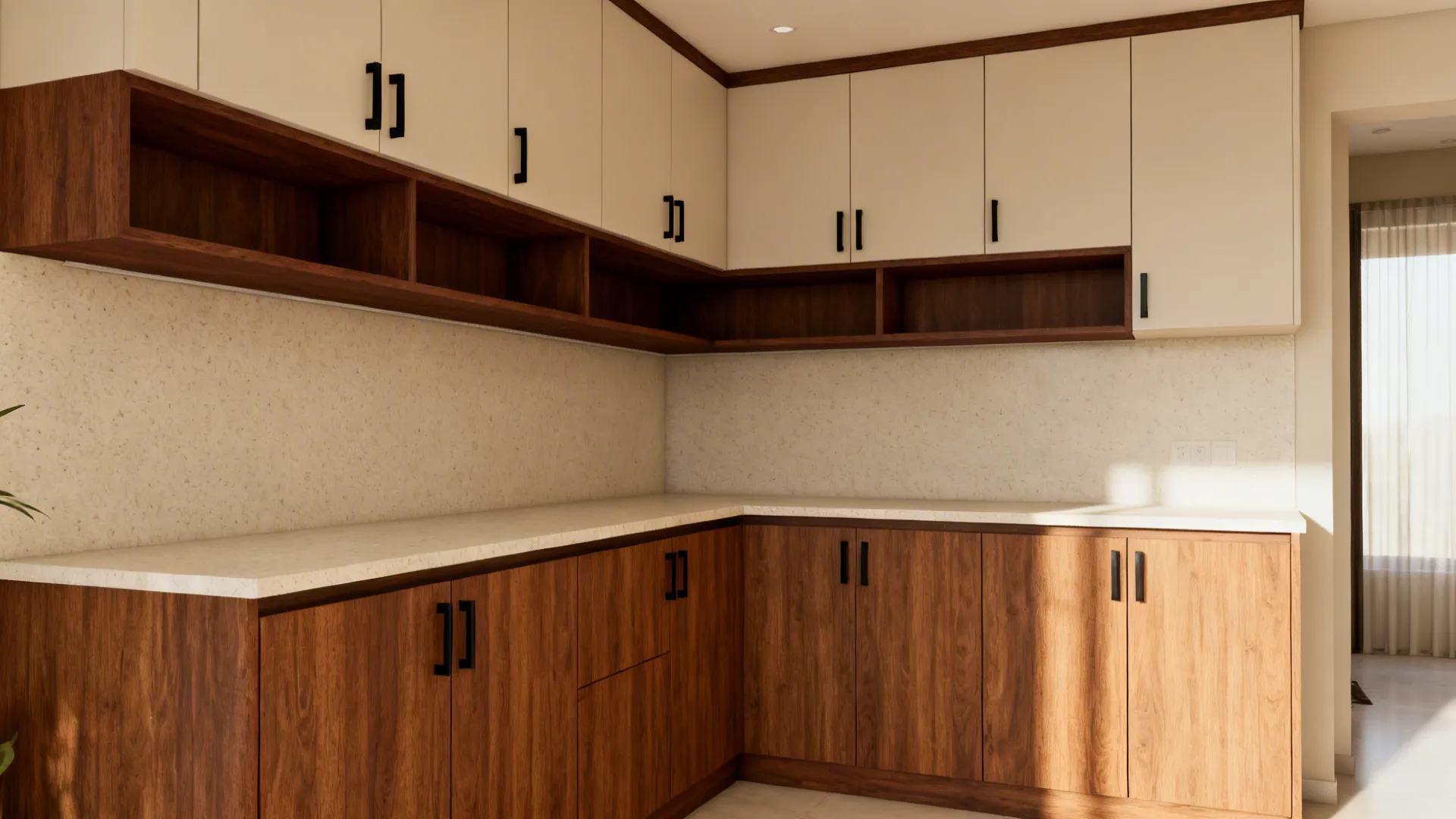 Warm wood modular kitchen with light uppers and quartz counter for a balanced look.