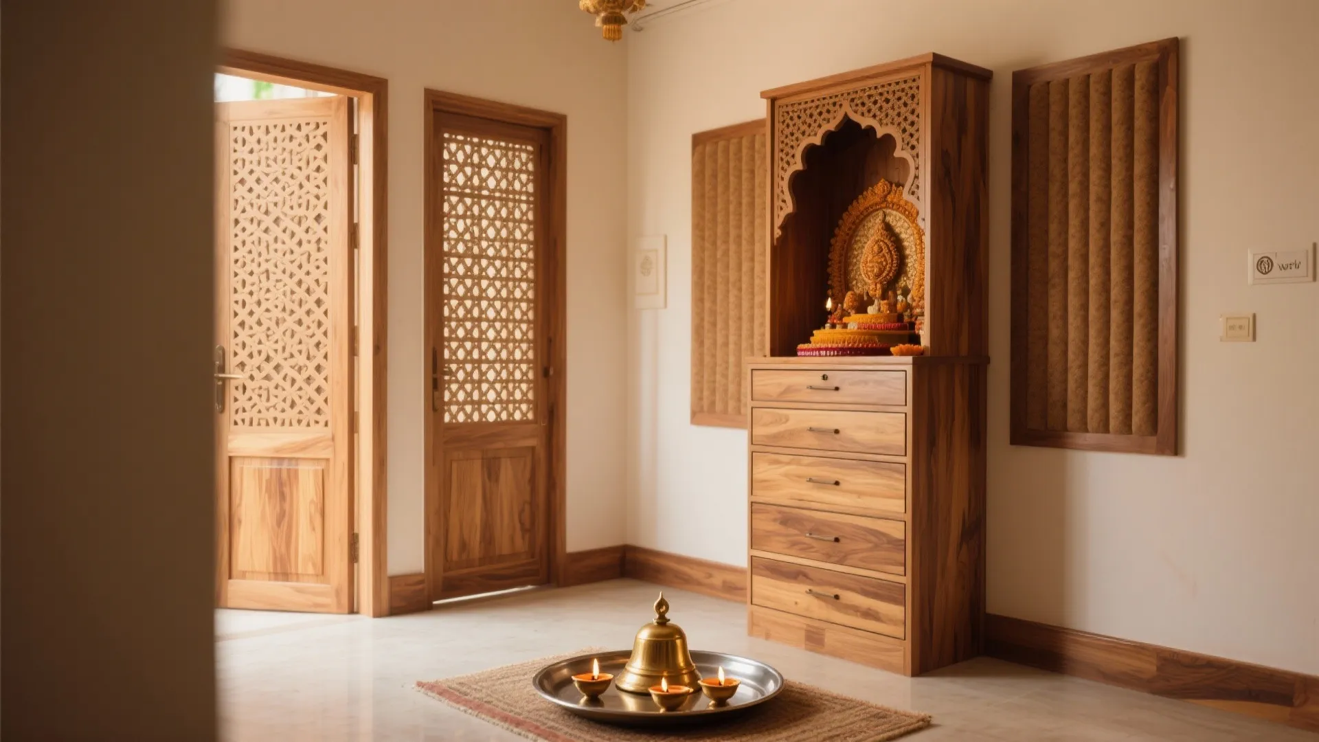 Compact hall mandir in warm wood with jali doors and a slim drawer tower under soft daylight.