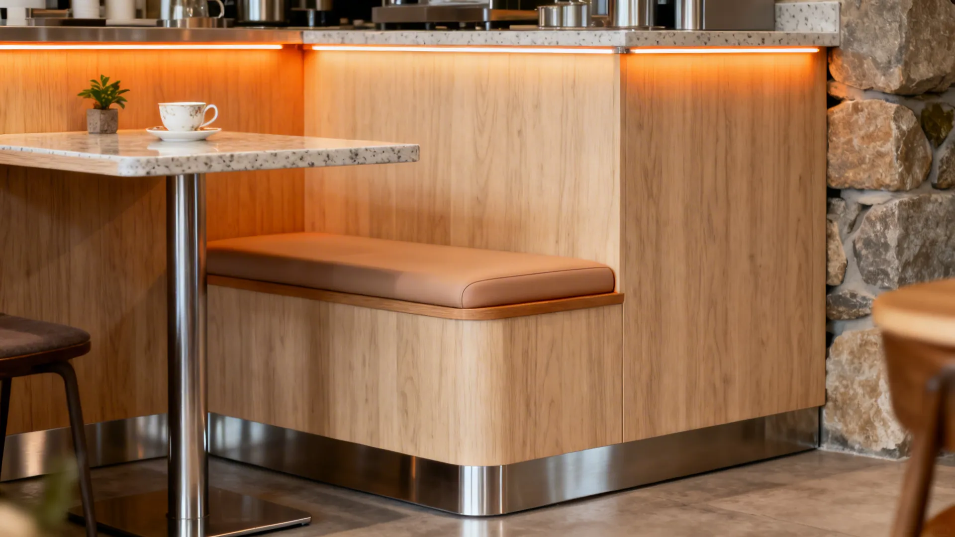 Katta with ash veneer fascia, quartz top, and warm LED lighting.